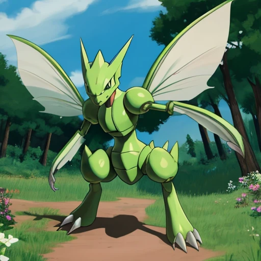 scyther, full body, no humans, outdoors, pokemon (creature), solo, <lora:Scyther_-_Pokemon:0.8>