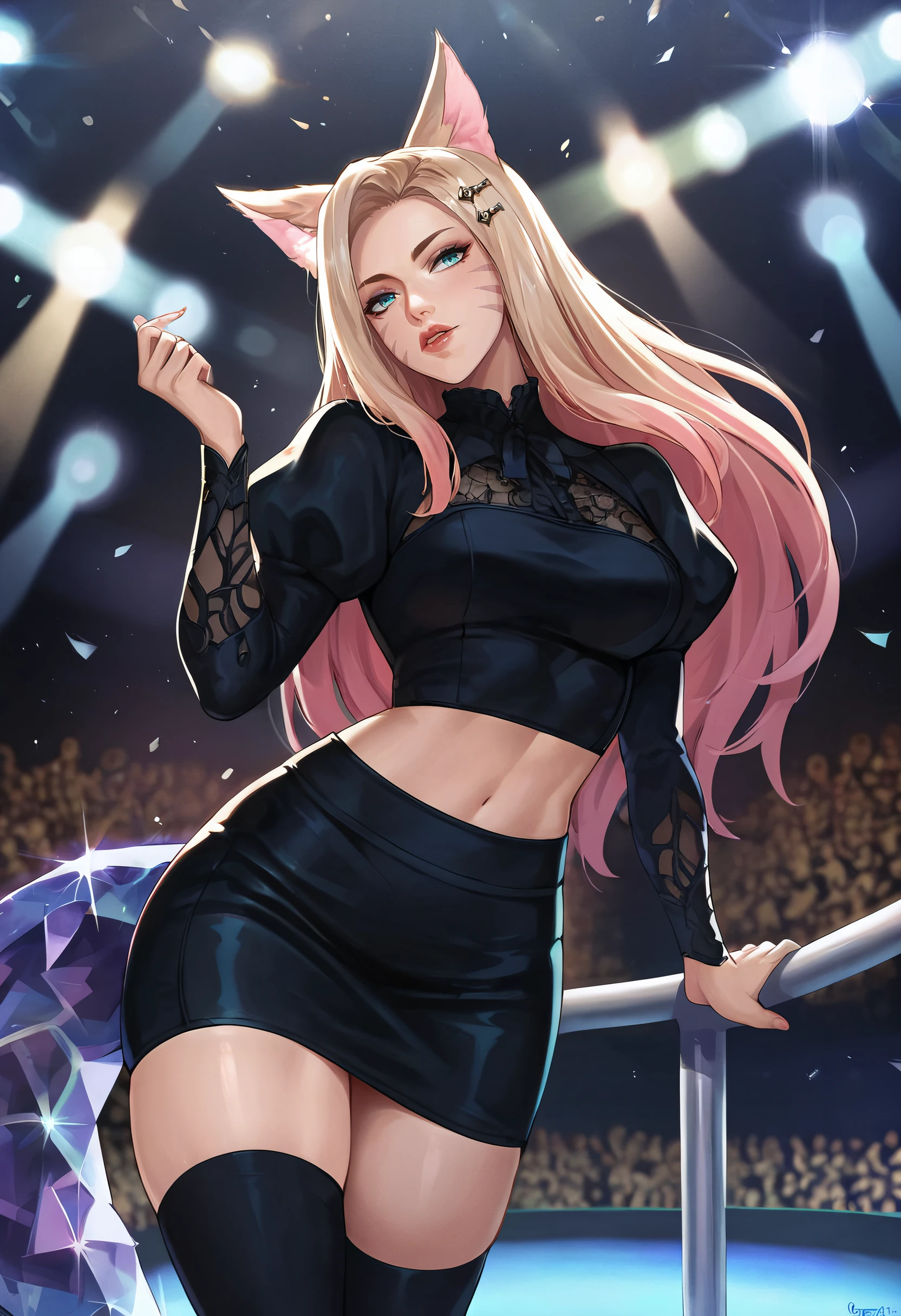 <lora:ahribaddest:0.8> ahribaddest, fox ears, whisker markings, hairclip, long sleeves, puffy sleeves, midriff, crop top, thighhighs, black skirt, lips, stage, stage lights, leg up, looking at viewer,