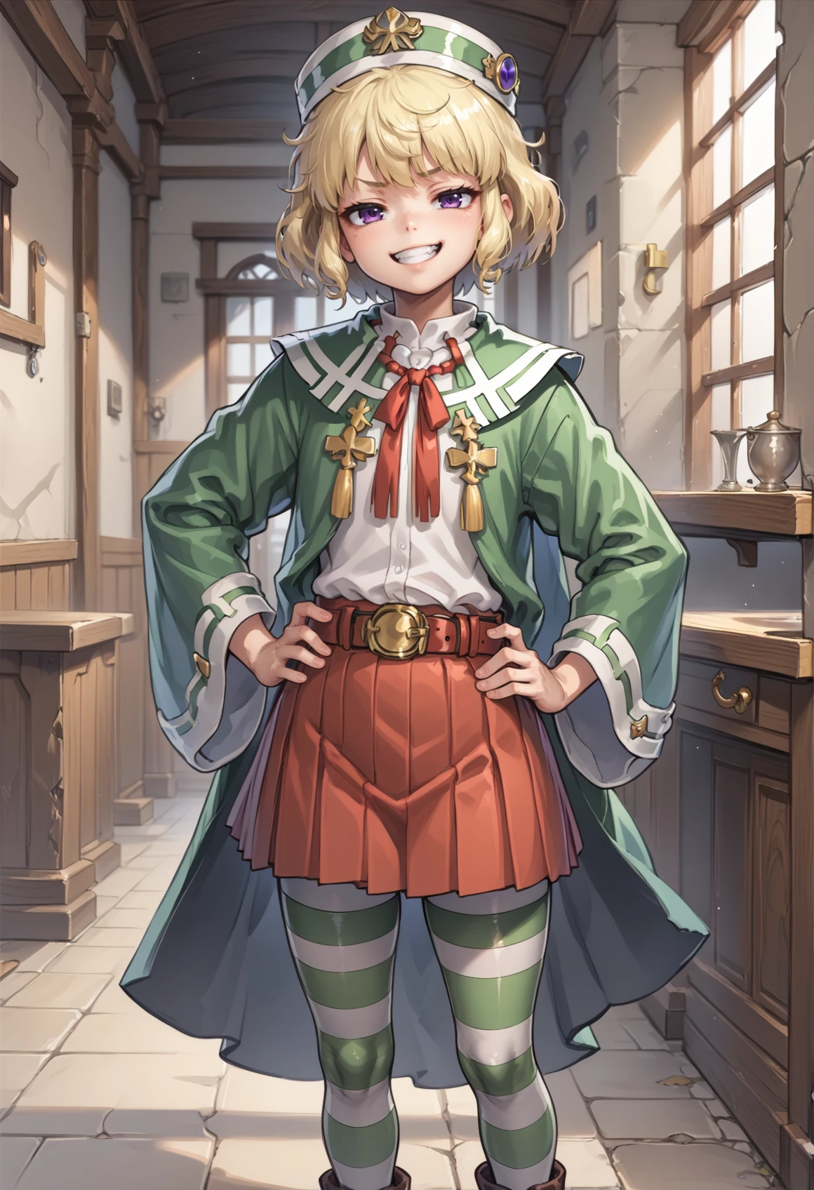 1girl, solo, skirt, blonde hair, purple eyes, red skirt, striped clothes, hat, short hair, brown footwear, pleated skirt, pantyhose, long sleeves, shoes, belt, white shirt, shirt, thighhighs, striped thighhighs, green cloak, wide sleeves, cowboy shot, proud, smug, mesugaki, teeth, hands on own hip, indoors, dungeon <lora:Carrie_XL:0.8>, score_9, score_8_up, score_7_up, score_6_up, score_5_up, score_4_up, BREAK source_anime, masterpiece