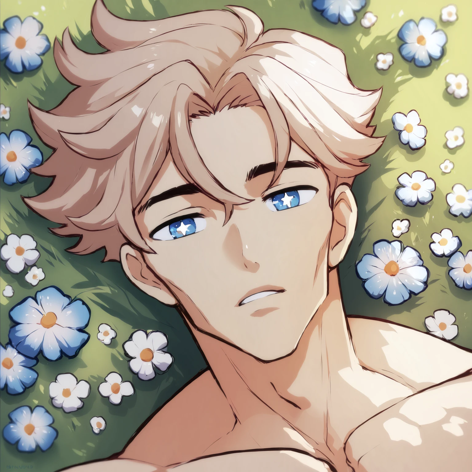 score_9, score_8_up, score_7_up, score_6_up, score_5_up, score_4_up, source_anime BREAK absurdres, high quality, 1boy, bishounen, male focus, looking at viewer, wavy hair, blue eyes, sparkling eyes, sexy, from above, flower field, sunlight, <lora:Idoraa-25:1> , <lora:add-detail-xl:1> , <lora:loraeyesxl:1>