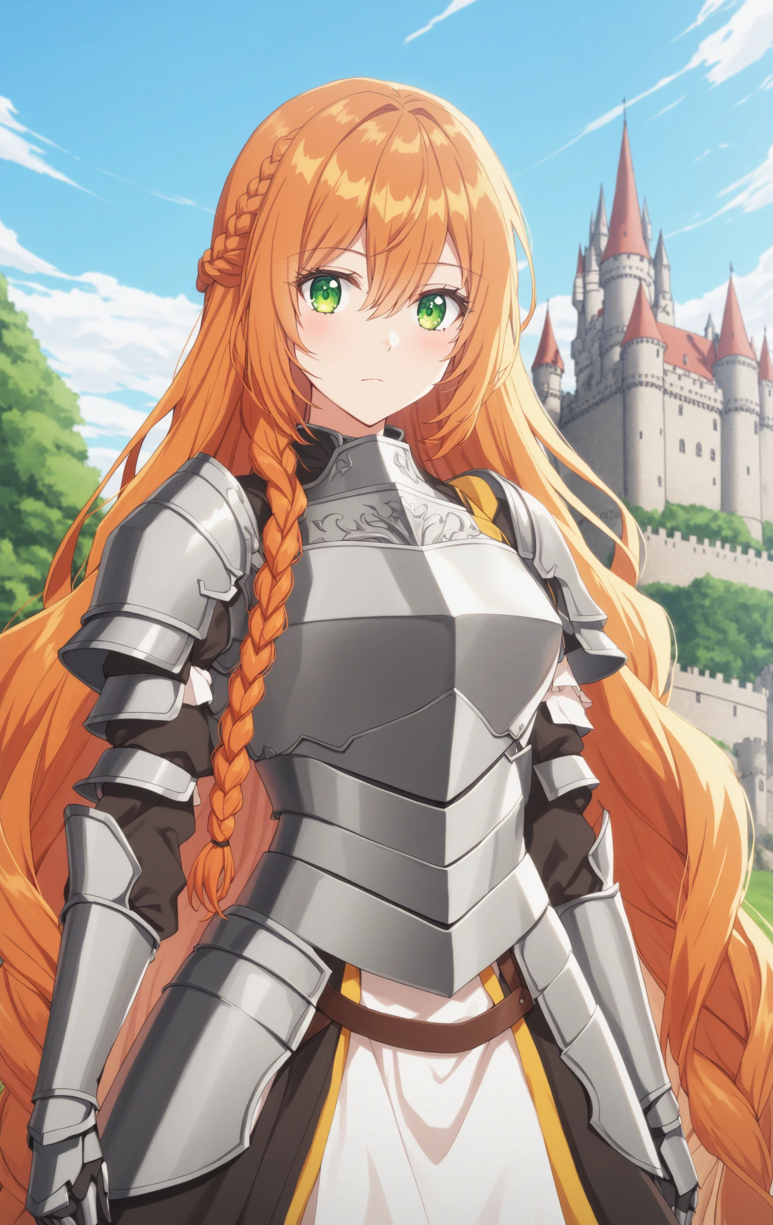 sysdeep_raeliana, 1girl, solo, long_hair, breasts, looking_at_viewer, orange_hair, hair_between_eyes, closed_mouth, very_long_hair, medium_breasts, green_eyes, braid, frills, iron_armor, knight, castle, breastplate, outdoors, day, <lora:Raeliana Mcmillan - [Why Raeliana Ended Up at the Dukes Mansion] - SDXL Version 1:1>