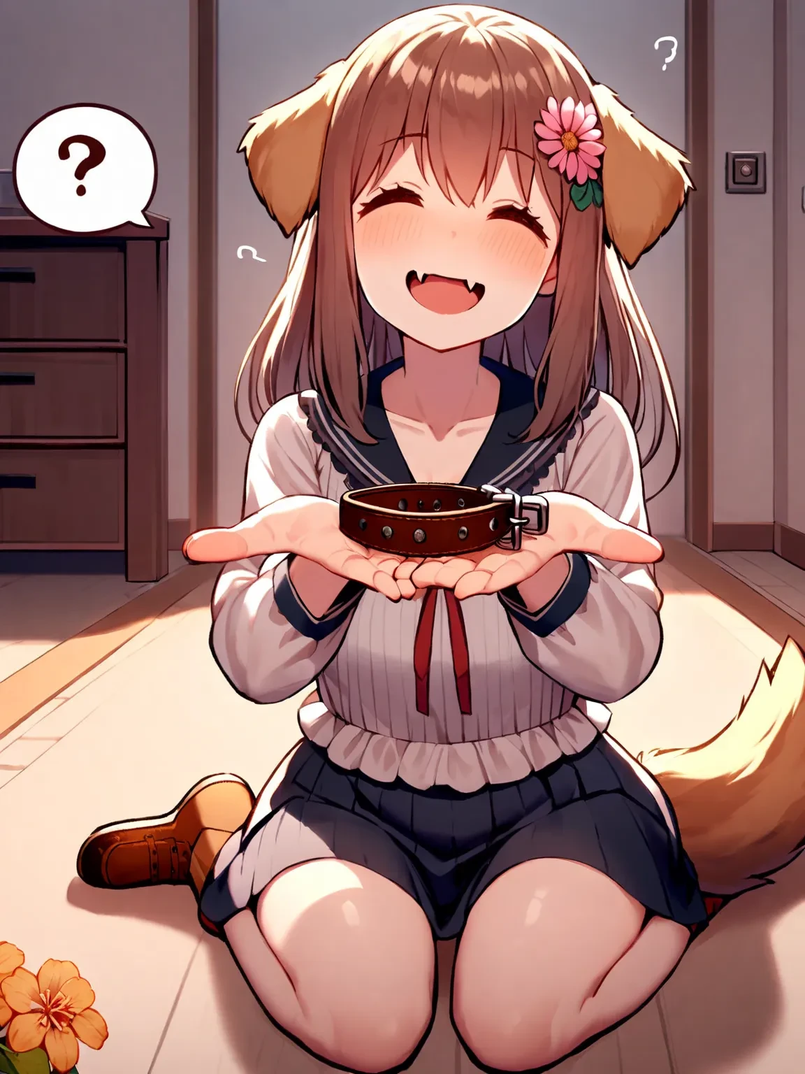 1girl,
(collar on her palms, grab collar), collar, holding,
(pov), (dog ear),(dog droopy eyes), (dog tail), (brown hair), (flower hairpin),(fang), blouse, skirt, (spoken question:1.5), smile, (happy), kind, looking up, wariza on floor, in room,
<lora:collar4u-v3-000010:1>