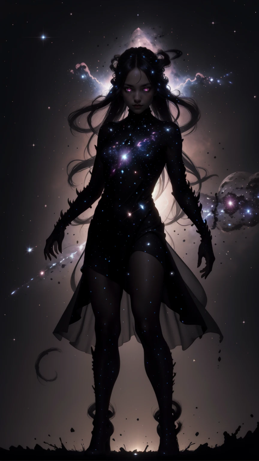 glowing eyes, long hair, 1girl, high spren, silhouette, dress, galaxy, nebula, <lora:highsprensd15-000015:0.5>