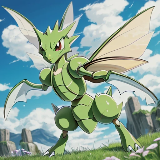 solo,( scyther:1.2), standing, portrait, pokemon (creature), no humans, fangs, claws, wings,( focus on face:1.2), sky, clouds, anime, outdoors,( close up on face:1.2), <lora:Scyther_-_Pokemon:1>