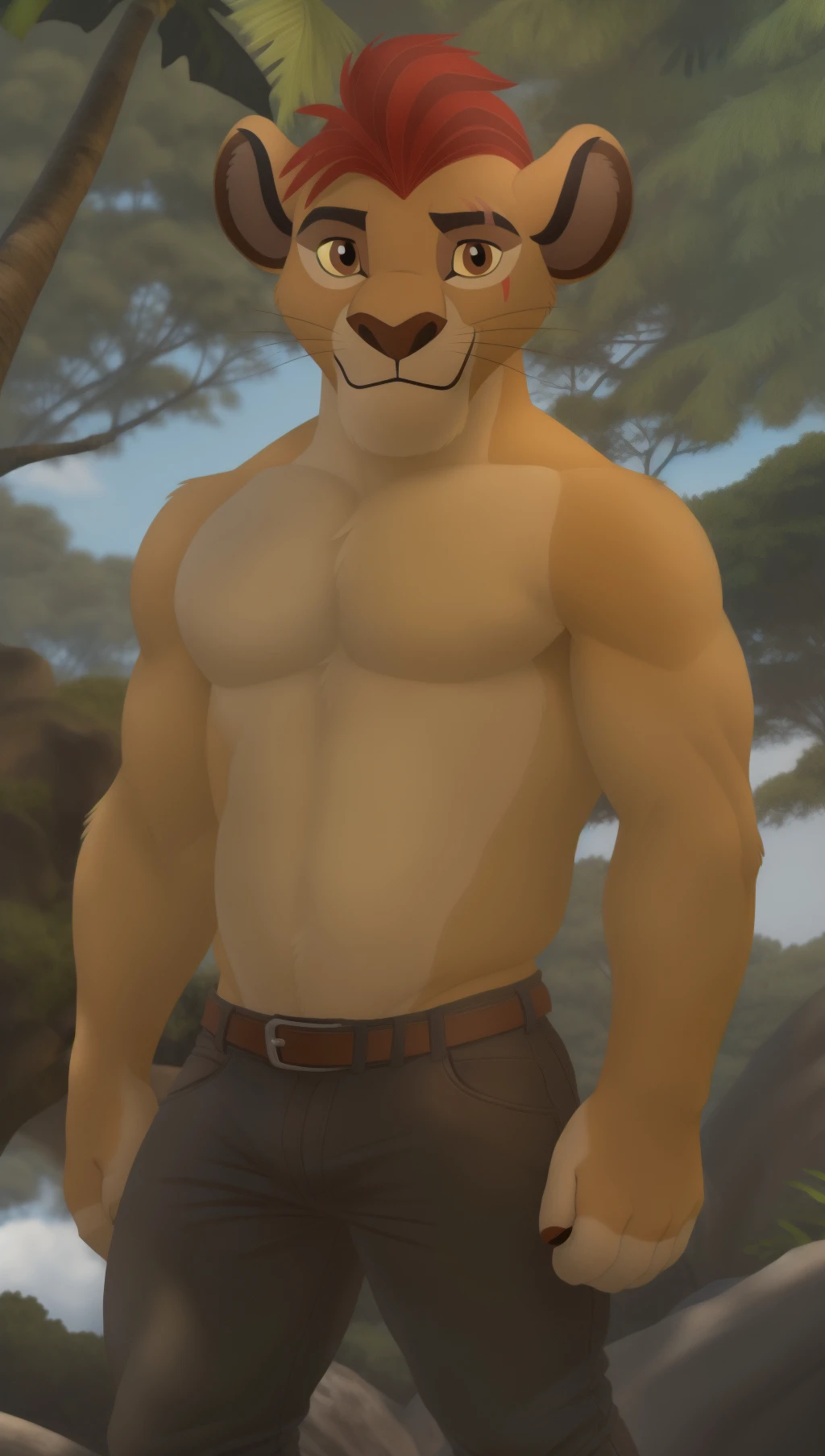 <lora:B0856DB55E:1> Majestic male cute lion (kion, the lion gaurd), muscular, bara, (posing:1.3), (soft shading), 4k, hi res, five fingers, detailed hands, ((detailed face, (detailed eyes:1.0), detailed)), by zackarry911, by zaush, (by personalami:0.5), solo, looking at viewer, smile, shirt, 1boy, jungle, trees , male focus,  belt, pants, black shirt, denim, jeans,