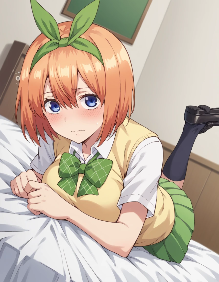 score_9, score_8_up, score_7_up, source_anime,
yotsubanakano, <lora:yotsuba-nakano-s1-ponyxl-lora-nochekaiser:1>, 
yotsuba nakano, bangs, short hair, blue eyes, hair between eyes, hair ribbon, hairband, orange hair, green ribbon, mature female,
skirt, shirt, bow, ribbon, school uniform, white shirt, short sleeves, pleated skirt, shoes, socks, collared shirt, miniskirt, bowtie, black footwear, kneehighs, green skirt, black socks, loafers, green bow, sweater vest, green ribbon, yellow sweater vest,
indoors, bed, bed room, on side, blush, drunk,
looking at viewer, cowboy shot, dutch angle, solo,