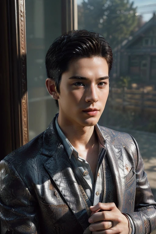 ((((masterpiece,best quality,ultra-realistic)))),ultra-detailed,photography,1boy,30-year-old male,solo,slim Asian boy,(((Male Banker))),((portrait, detailed skin, real skin texture)),<lora:add_detail:1>,(((top-down view,Looking Outside,cowboy shot,Trolling,Moody,Praying,Daylight simulation lighting))),