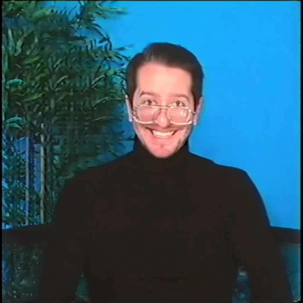 looking at viewer, glasses, tree, looking back, upper body, facial hair, blue background, smile, beard