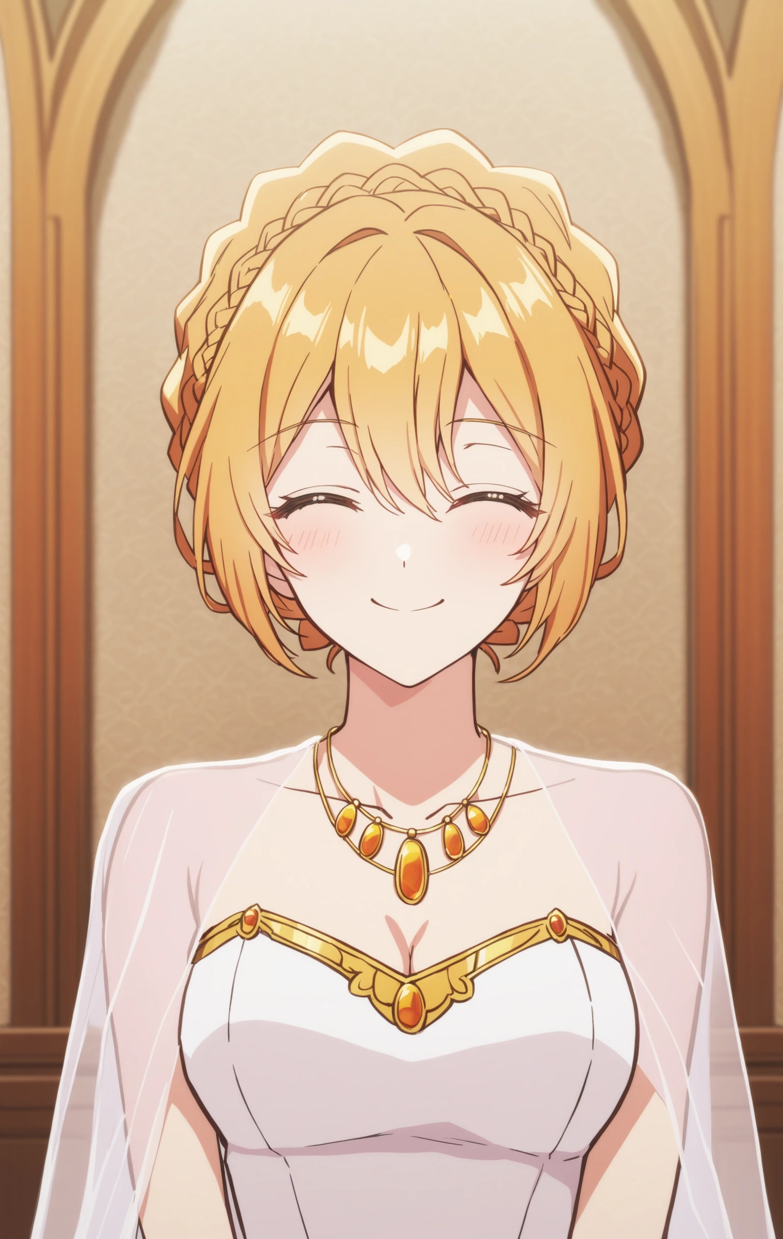 sysdeep_raeliana, 1girl, solo, breasts, smile, short_hair, blonde_hair, dress, hair_between_eyes, closed_mouth, cleavage, jewelry, bare_shoulders, medium_breasts, collarbone, upper_body, closed_eyes, braid, white_dress, necklace, strapless, facing_viewer, strapless_dress, crown_braid, indoors, <lora:Raeliana Mcmillan - [Why Raeliana Ended Up at the Dukes Mansion] - SDXL Version 1:1>