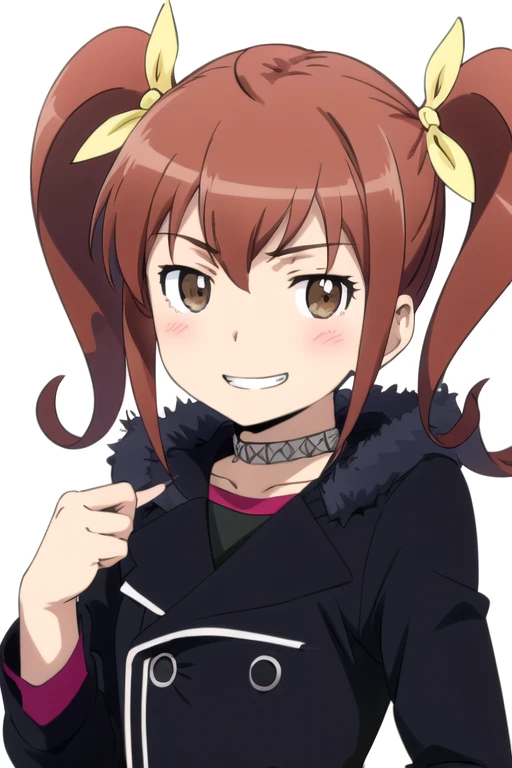 solo, 1girl, looking at viewer, 2D, anime, anime coloring, upper body, (simple background, solid white background:1.3), <lora:kanako-oreimo:0.8>, kanako kurusu, choker, coat, grin, smile