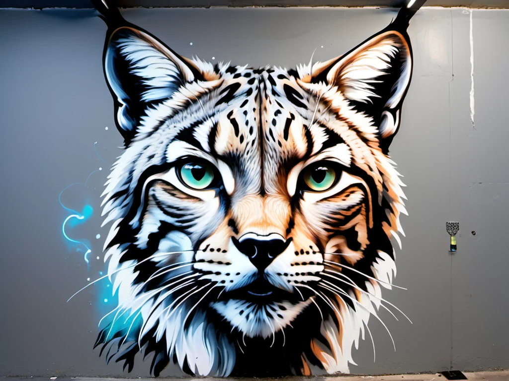 (((wall graffiti drawing:1.3) of Iberian lynx, (color scheme: light gray,white smoke), (Wall Graffiti:1.3),  (Graffiti:1.2))) artwork, flat shading, (influenced by banksy), Lateral illumination, Off-axis lighting, Directional light, Panoramic view, Wide angle, (neon stripes:1.1), neon background, (glowing:1.1)(bioluminescence), light rays, (lineart, thick lines, clear lines:1.2), comic, 2d,  (straight view:1.2), (frontal view:1.3), night, dark, (bioluminescence:1.2), (iridescent:1.2), pixar, animation, realism, (epic:1.2), realistic, trending on artstation, 3d, (high quality:1.2), (masterpiece:1.2), high details, incredibly absurdres, colorful), photograph, film, best quality, highres