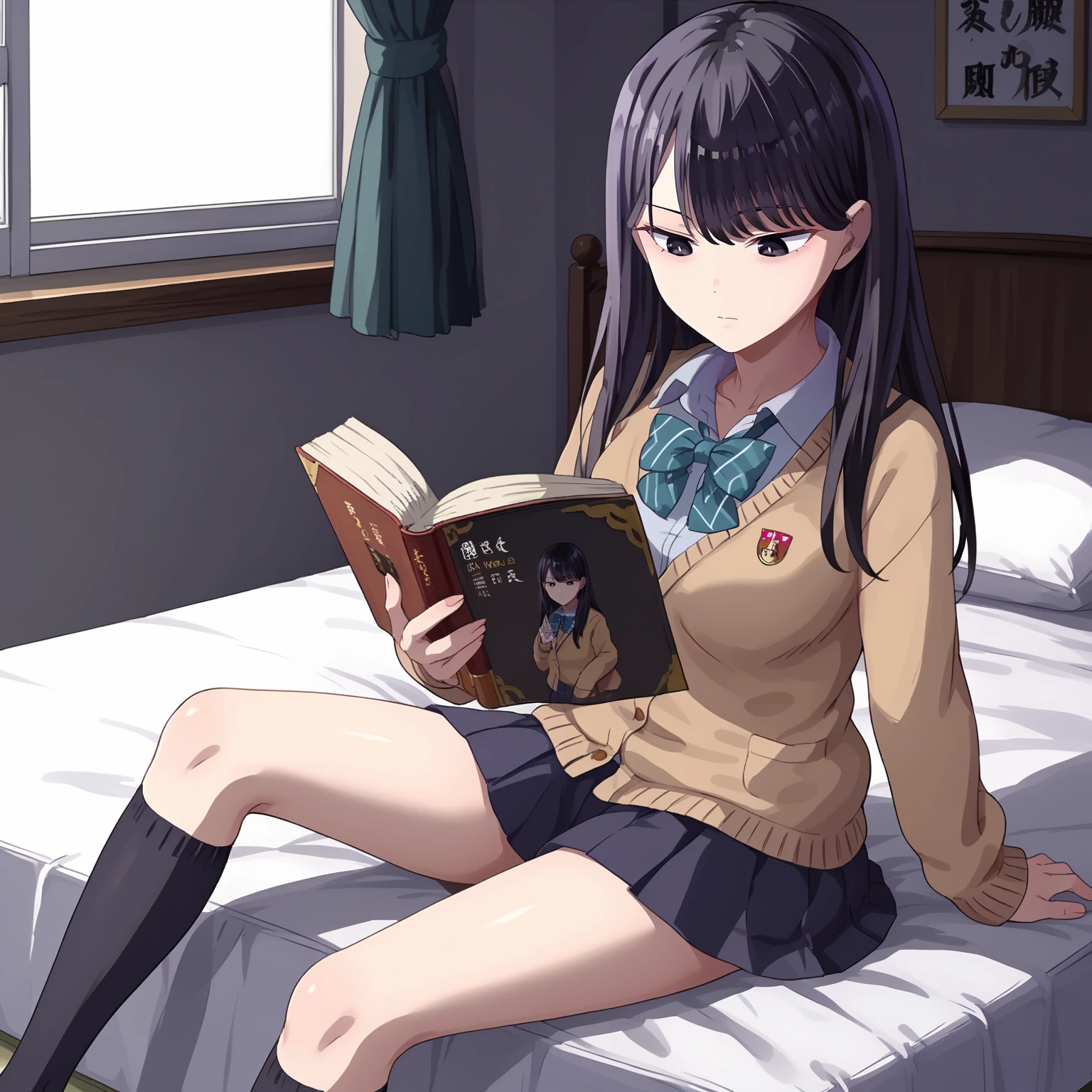 <lora:HikariKurodaXLpony001>,
solo,
HikariKuroda,1girl,black hair,long hair,black eyes,
school_uniform,cardigan,bowtie,
pleated_skirt,
socks,
on bed,reading a book,sitting,