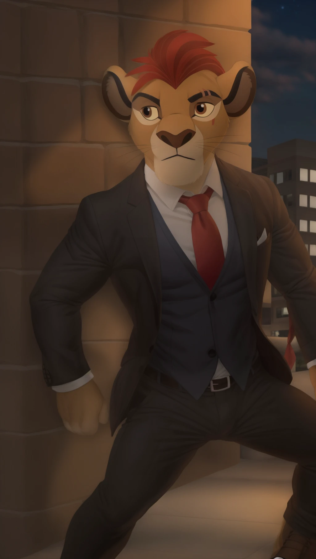 <lora:B0856DB55E:1> Majestic male cute lion (kion, the lion gaurd), muscular, bara, (posing:1.3), (soft shading), 4k, hi res, five fingers, detailed hands, ((detailed face, (detailed eyes:1.0), detailed)), by zackarry911, by zaush, (by personalami:0.5), looking at viewer, shirt, gloves, male focus, necktie, sky, black gloves, collared shirt, pants, coat, night, black pants, formal, suit, blue shirt, red necktie, building, night sky, fighting stance, black suit