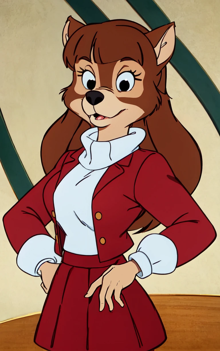 ARTSTYLE_Talespin_ownwaifu,
1girl, brown hair, furry female, long hair, white shirt, animal ears, body fur, red skirt, red jacket, brown fur, long sleeves, black eyes, animal nose, breasts, medium breasts,
<lora:ARTSTYLE_Talespin_ownwaifu:0.8>,
((masterpiece)),((best quality)), focused, looking at viewer, solo, cowboy shot,