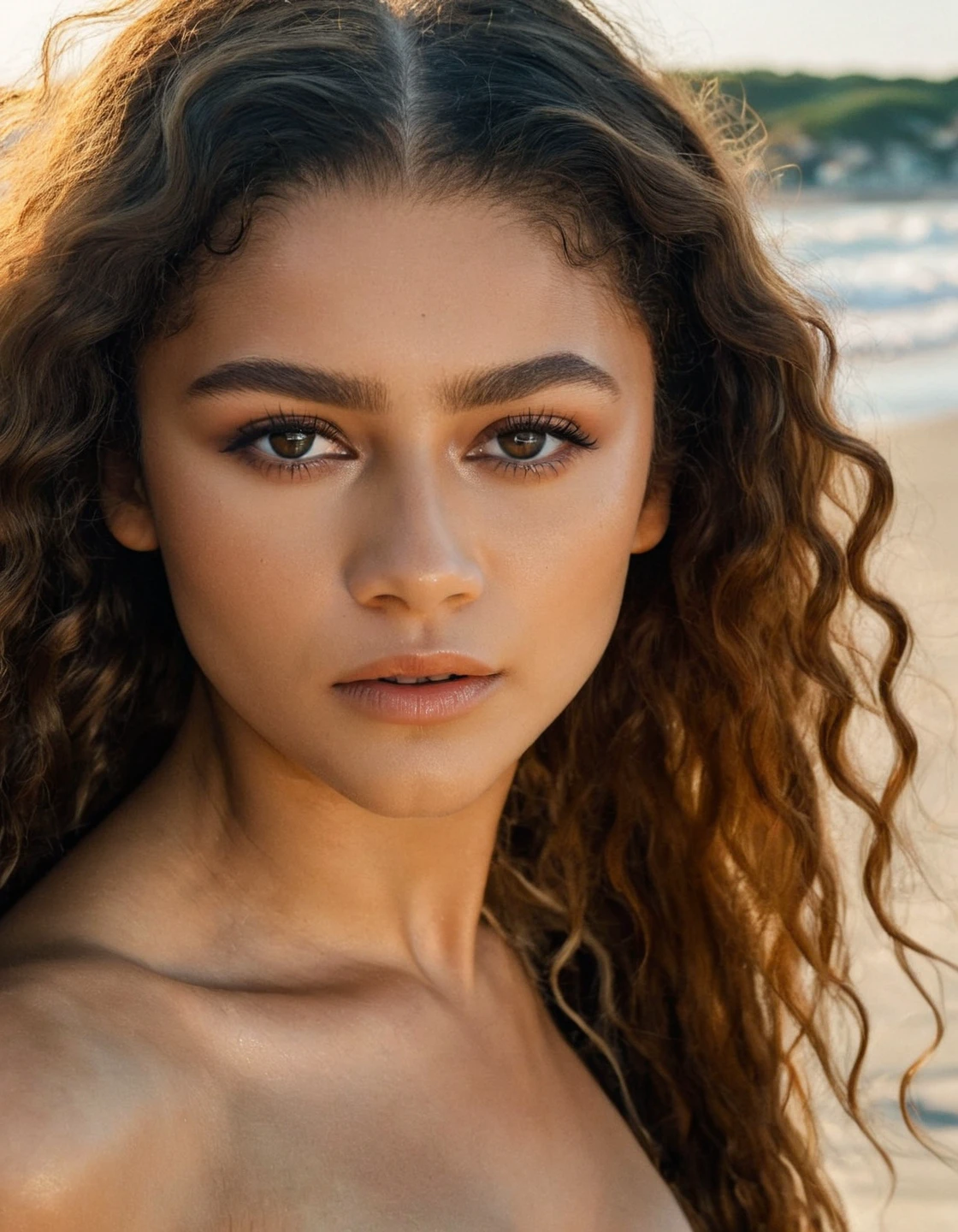 high resolution photo of znd woman,looking at camera,eye make-up,long wavy hair,close-up,at beach,volumetric lighting,cinematic,masterpiece
