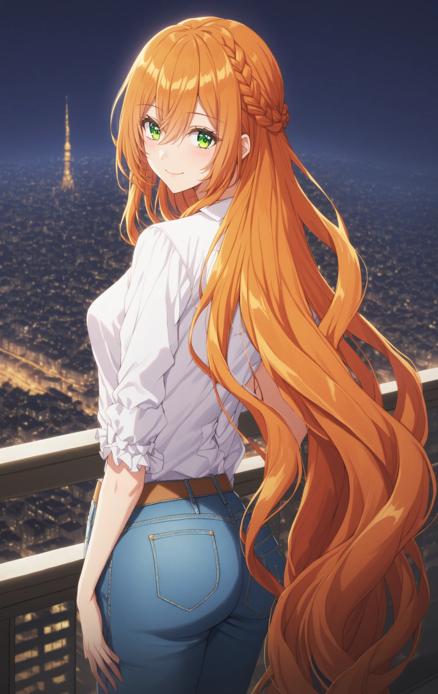 sysdeep_raeliana, 1girl, solo, long_hair, breasts, looking_at_viewer, orange_hair, hair_between_eyes, closed_mouth, very_long_hair, medium_breasts, green_eyes, braid, frills, jeans, shirt, looking_back, city, smile, <lora:Raeliana Mcmillan - [Why Raeliana Ended Up at the Dukes Mansion] - SDXL Version 1:1>