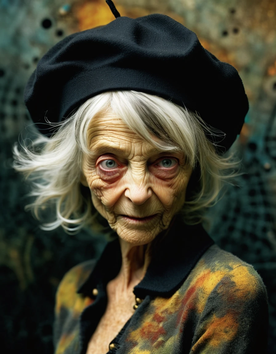 a radiant creation by dave mckean of a granny looking like alinaxl3 posing wearing a beret