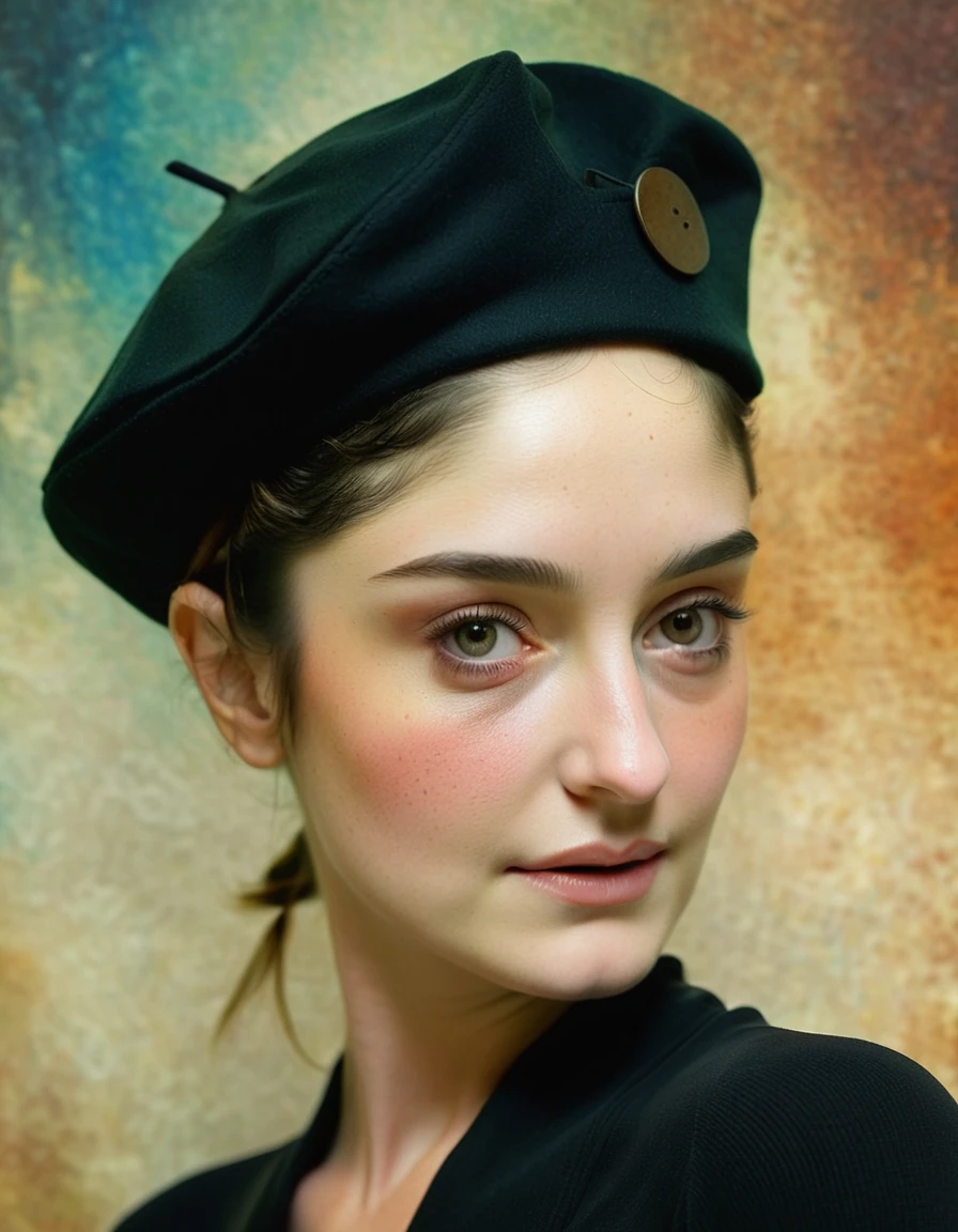 a radiant creation by dave mckean of a mid-aged lady looking like ameliexl5 posing wearing a beret