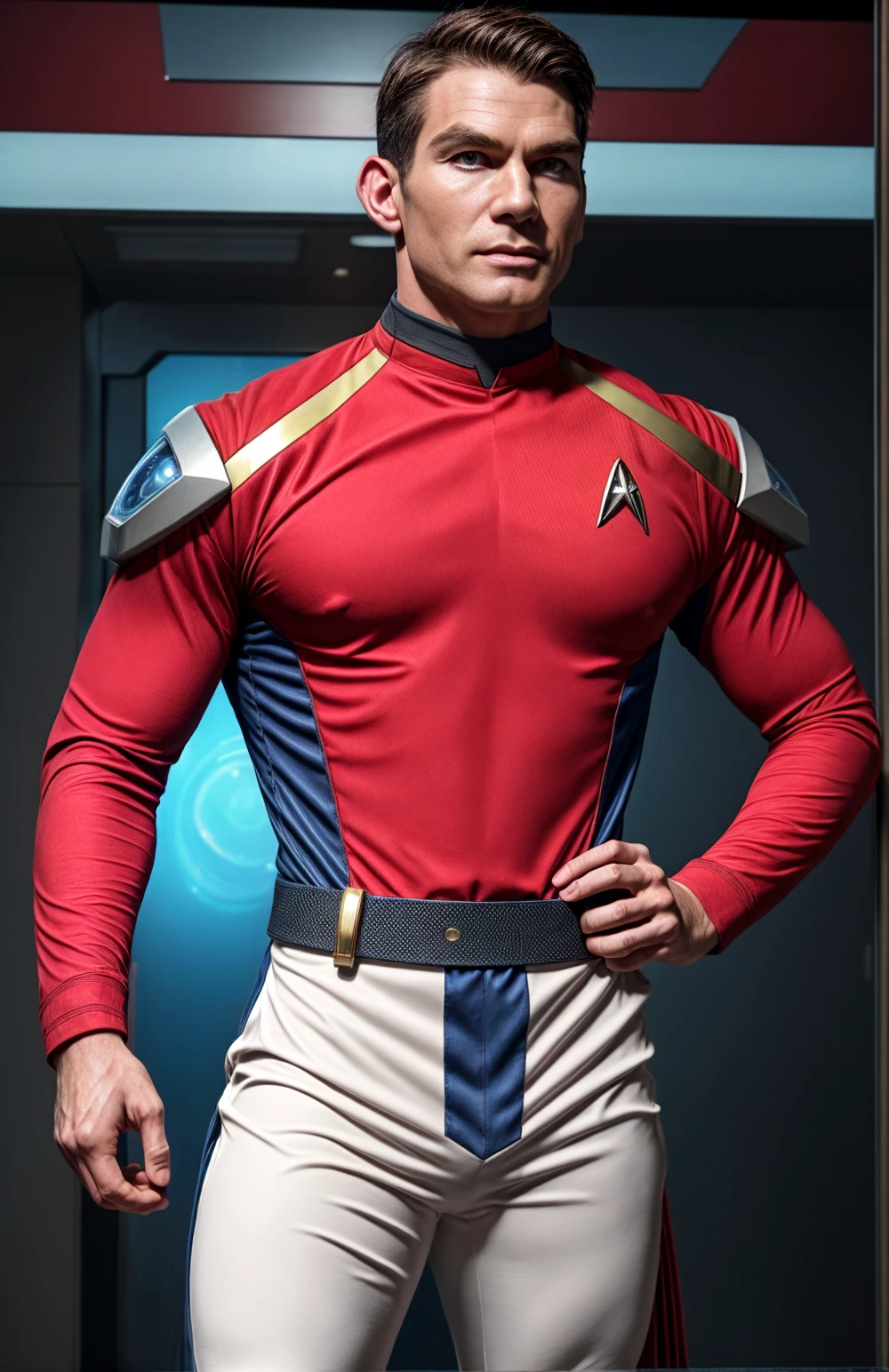 <lora:BulkedUpAIR1.5:0.1>. (close up body shot:0.7), at futuristic spaceship port:1.1, wearing tmatching pants, (wearing large muscular futuristic science fiction uniform:1.3), , matching futuristic belt, (black and red color star trek uniform), confident, handsome, (((masterpiece))), (((best quality))), <lora:more_details:0.75>, muscular:1.2, large muscles:1.0 ((hands on waist), JerryOConnellActor <lora:JerryOConnellActor (1):1>