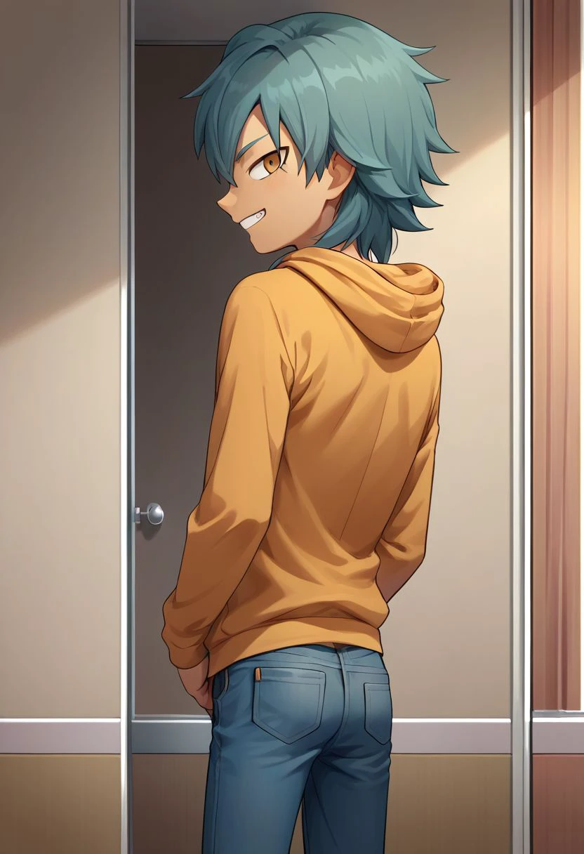 score_9, score_8_up, score_7_up, source_anime, highly detailed, 1boy, solo, male_focus, skinny, slender, cute, 
aitor_ina, male focus, 1boy, solo, raimon, hoodie, jeans, back, from back, grin, looking at viewer, open eyes,