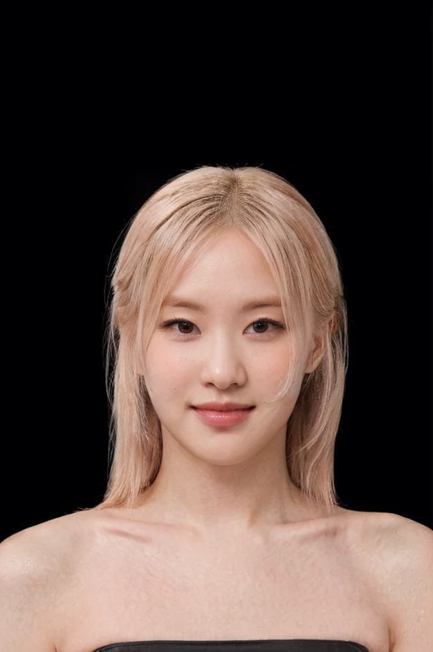 (extremely detailed eyes), korean idol, (((strapless))), raw photo, 1girl, (looking at viewer), upper body, ((full plain black background:1.3)), ((tube_top:1.6)), bare shoulders, (((bare neck))), bare head, collarbone, ((long white pink blonde hair:1.3)), braids, ((smile)), <lora:roselorashyv1_6:0.85>
