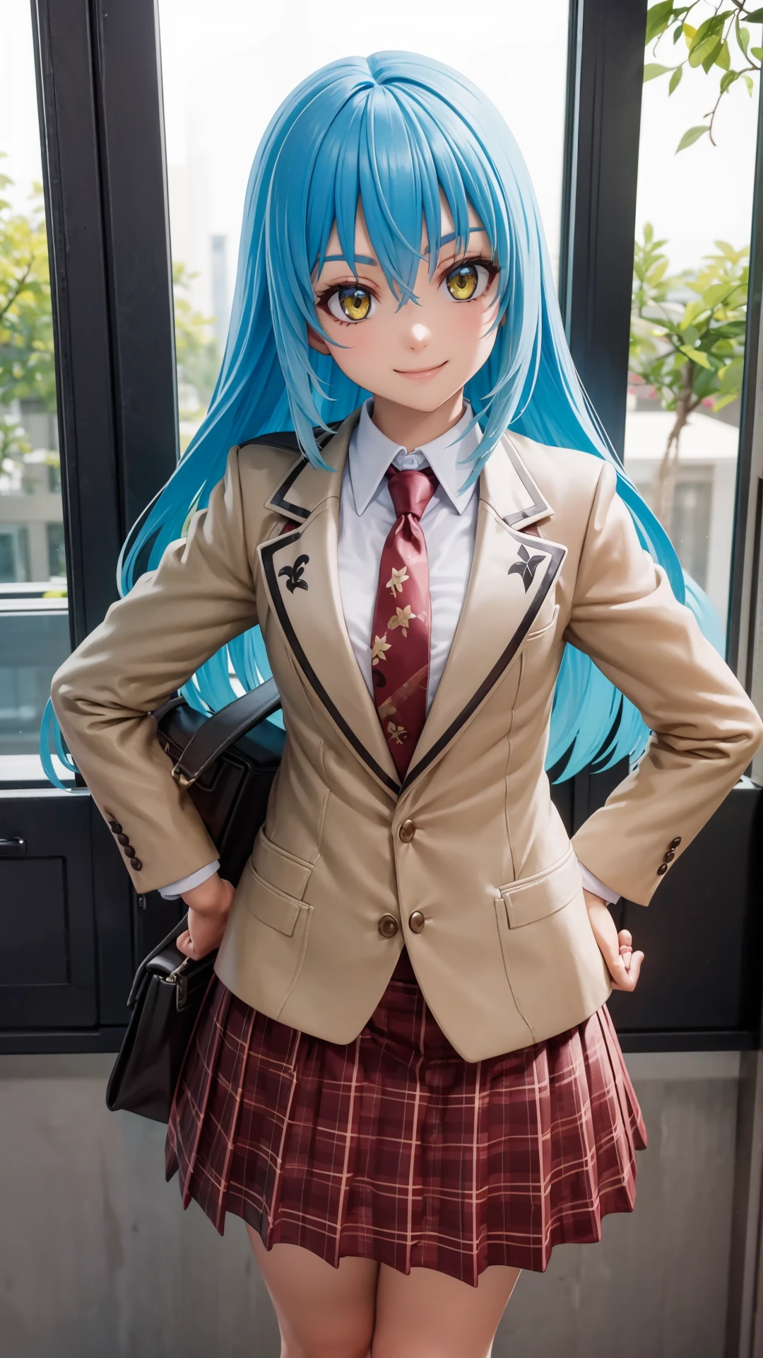 (masterpiece, best quality),ray tracing,absurdres, HDR,rimuru tempest, campus, 1girl,large breats, long hair, blue hair, yellow eyes, necktie, skirt, smile, school uniform, plaid skirt, jacket, bag, plaid, hand on hip, hair between eyes, looking at viewer,red necktie, shirt, blazer, long sleeves, solo, holding bag, school bag , <lora:rimuru campus_v2:0.7>