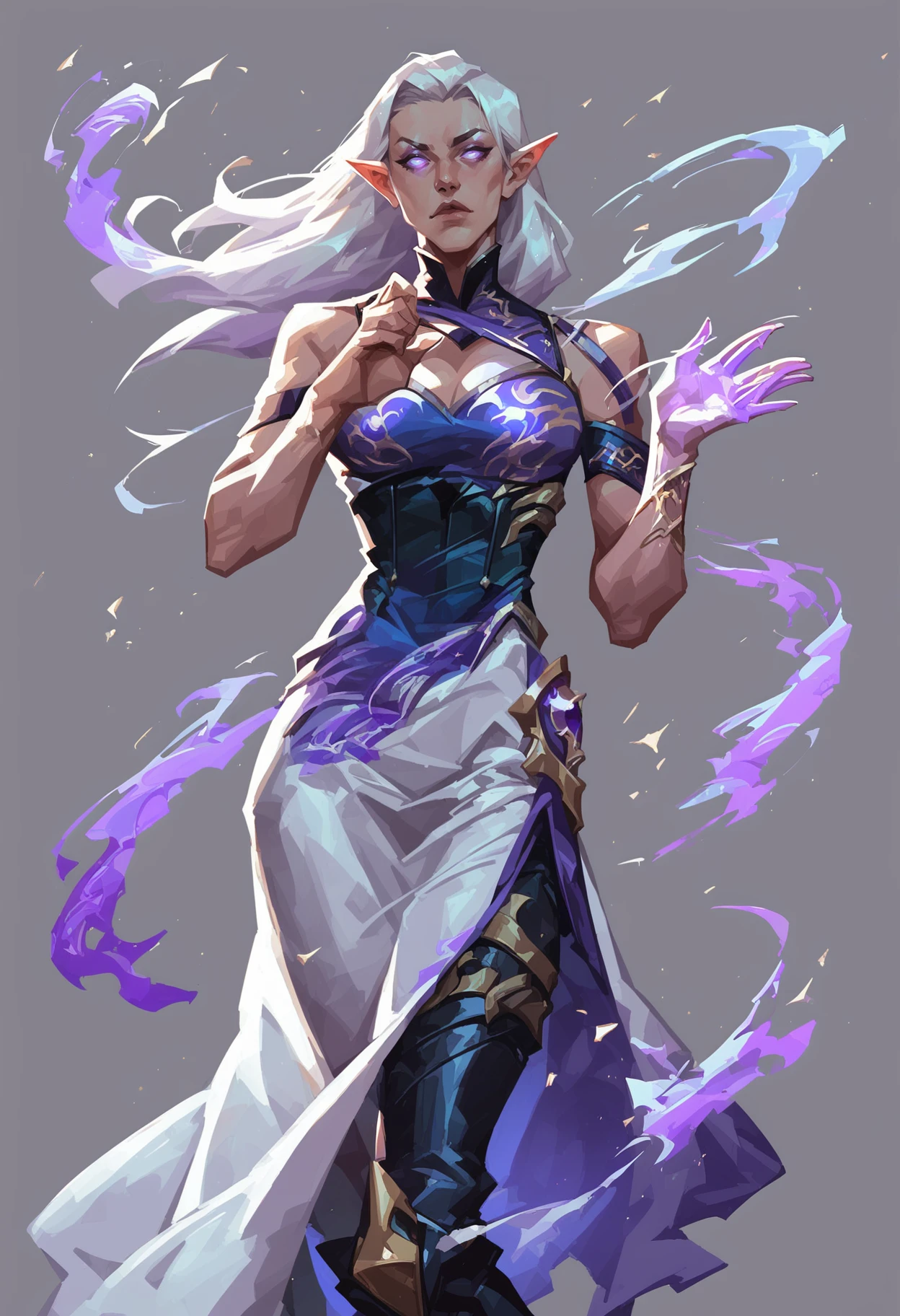 score_8_up, score_7_up, beautiful curvy elf girl casting spell, ornate armored white dress with purple print, dynamic pose, golden trim, pale, windblown long white hair, glowing eyes, makeup, purple magic effects, particles, fantasy, <lora:sxz-valorant-smol-v2-pdxl:0.8> valorant style