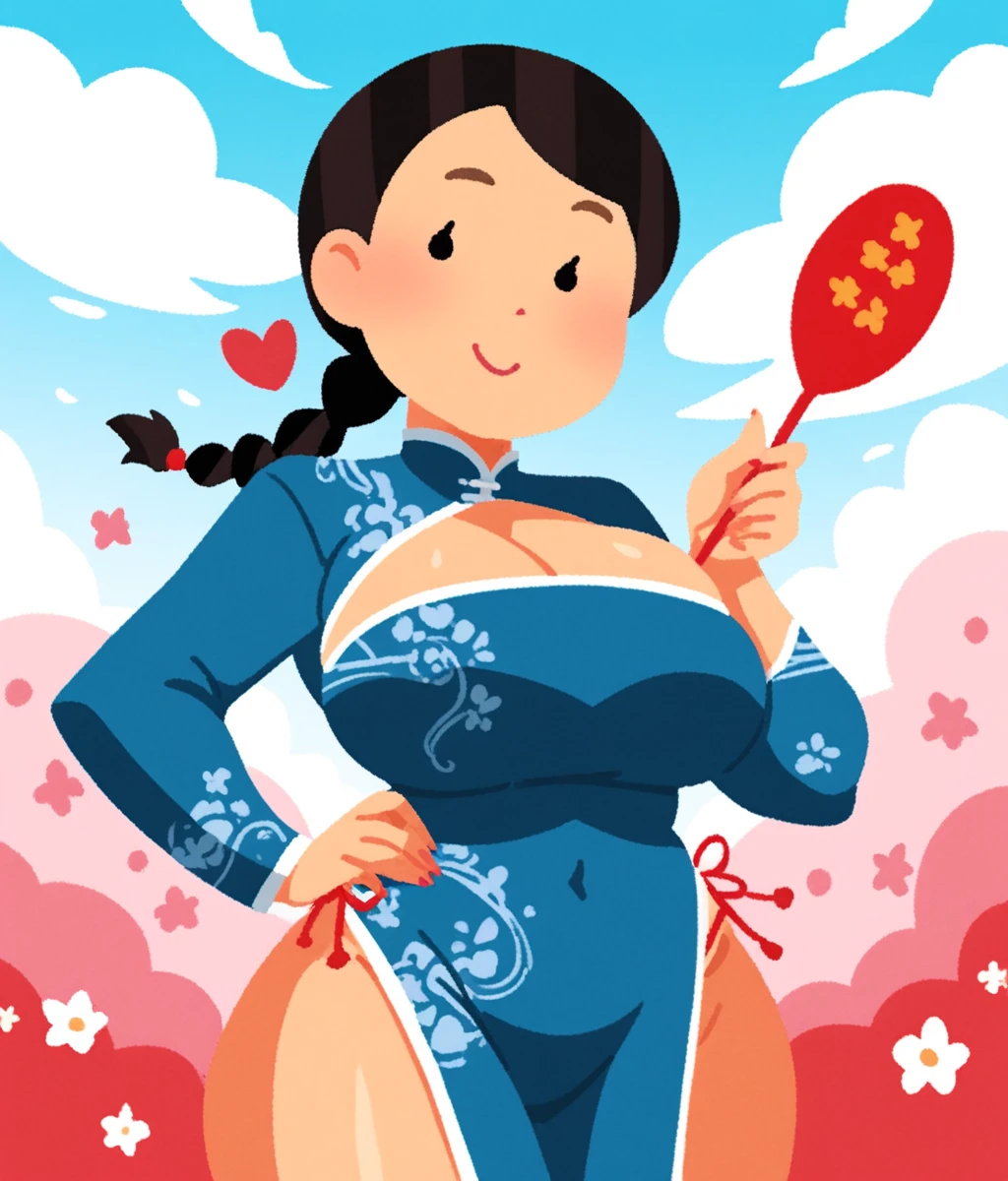 Score_9,score_8_up,score_7_up,score_6_up,score_5_up,score_4_up,1girl,solo,big breasts,cleavage,thick thighs,wide hips,curvy,smile,braid,china dress,long_sleeves,blue and white porcelain,jewelry,jewelry,holding fan,hand on hip,outdoors,looking at viewer,cuteg,emoji,stick figure,cartoonized,2d illustration,uncensored,<lora:Style_Irasutoya:1.2>,
