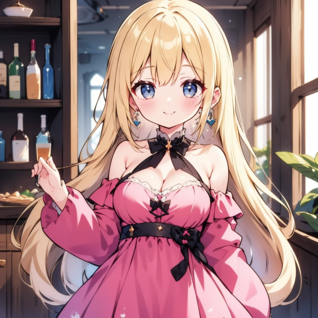 1girl,solo,breasts,blonde hair,long hair,cleavage,blue eyes,heart,jewelry,dress,earrings,looking at viewer,smile,choker,off shoulder,indoors,heart earrings,collarbone,long sleeves,(pink dress),bangs,medium breasts,bare shoulders,closed mouth,blush,very long hair,window,black choker,off-shoulder dress,sleeves past wrists,standing,cowboy shot,bow,frills,