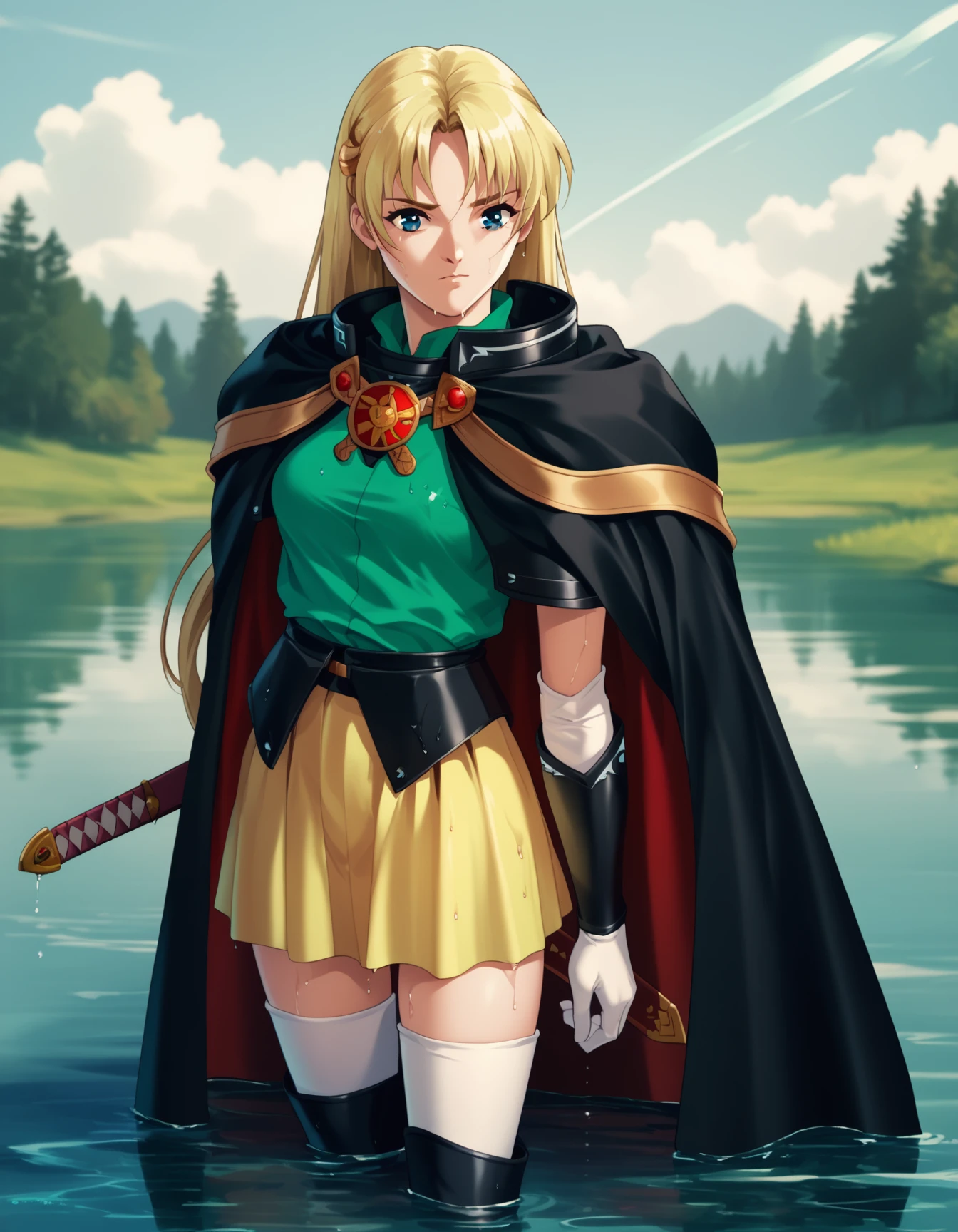 score_9, score_8_up, score_7_up <lora:sharon-ponyxl-000011:1> wwsharon, black cape, green shirt, yellow skirt, elbow gloves, thighhighs,
1girl, solo, sword, water, lake, wet