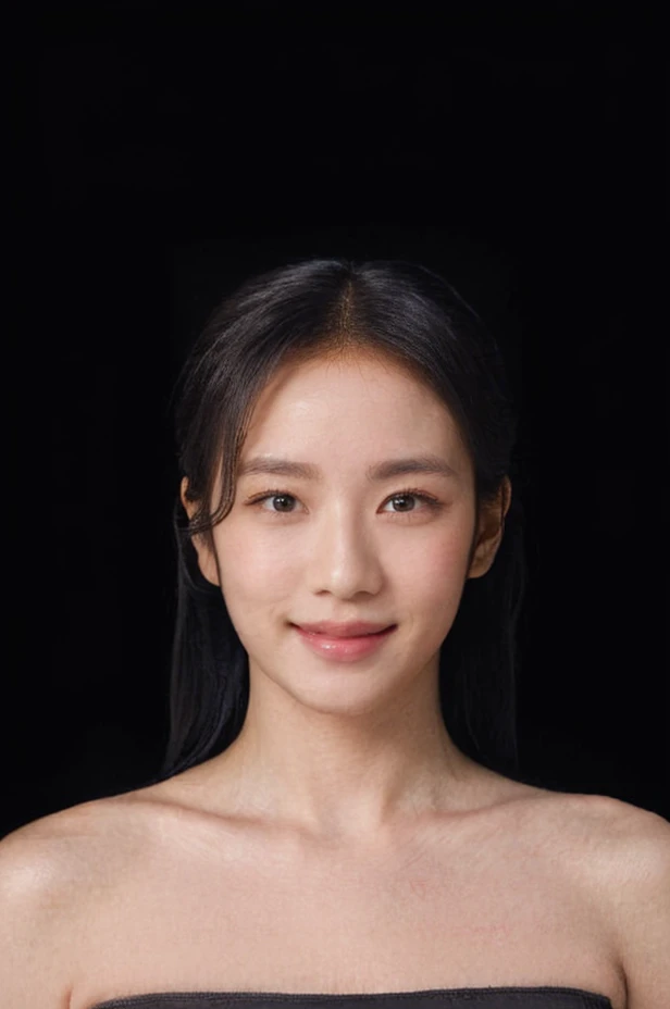 (extremely detailed eyes), korean idol, (((strapless))), raw photo, 1girl, (looking at viewer), upper body, ((full plain black background:1.3)), ((covered chest:1.6)), bare shoulders, (((bare neck))), bare head, collarbone, ((long black hair:1.3)), braids, ((smile)), <lora:jisoolorashyv1_6:1>