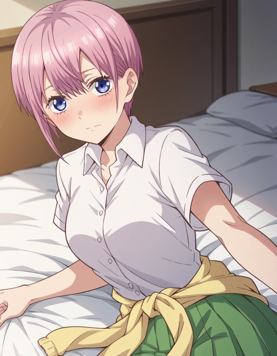 score_9, score_8_up, score_7_up, source_anime,
ichikanakano, <lora:ichika-nakano-s1-ponyxl-lora-nochekaiser:1>,
ichika nakano, short hair, bangs, blue eyes, hair between eyes, pink hair, pixie cut,
skirt, shirt, school uniform, white shirt, short sleeves, pleated skirt, collared shirt, sweater, green skirt, clothes around waist,
indoors, bed, bed room, on side, blush, drunk,
looking at viewer, cowboy shot, dutch angle, solo,