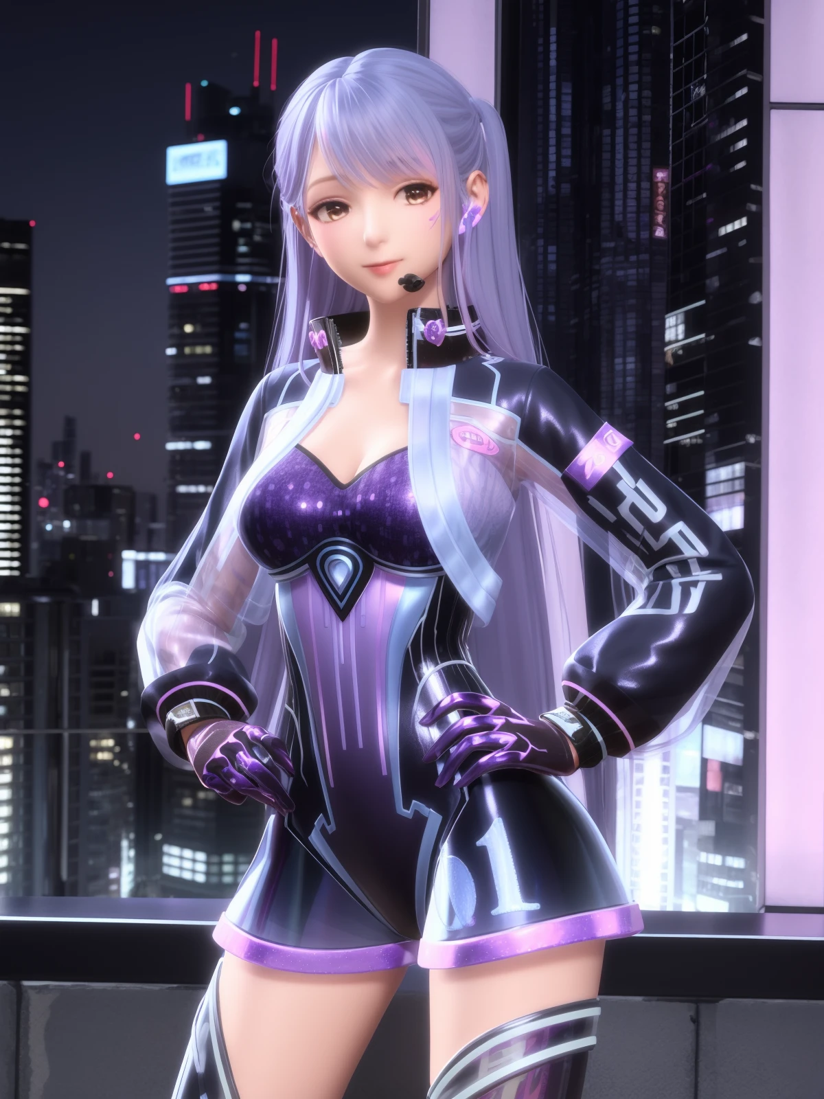 SYNNzhufengxuanying, 1girl, solo, see-through, thighhighs, long hair, gloves, brown eyes, looking at viewer, purple hair, breasts, headset,blue hair,open jacket, dress, high heels,  <lora:SYNNzhufengxuanying:0.75>,cityscape, night,hand on hip,