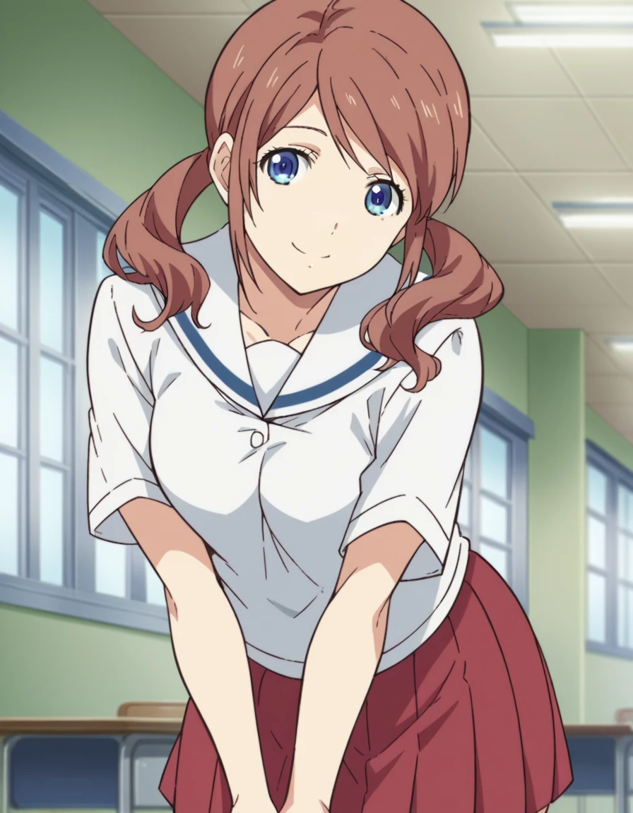 score_9, score_8_up, score_7_up, source_anime,
momokashiwabara, <lora:momo-kashiwabara-s1-ponyxl-lora-nochekaiser:1>,
momo kashiwabara, long hair, blue eyes, brown hair, twintails, low twintails,
shirt, school uniform, white shirt, short sleeves, serafuku, sailor collar, skirt, red skirt,
indoors, classroom, bent over, smile,
looking at viewer, cowboy shot, dutch angle, solo,