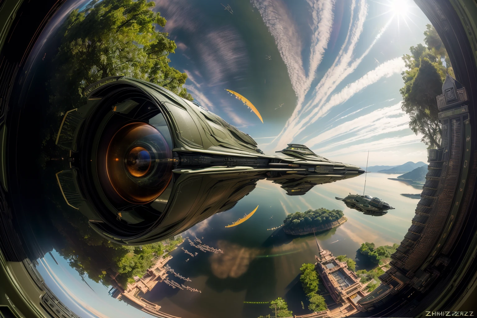 Masterpiece in photorealistic medium format 8k raw photography, (Military Green zzspczz soaring:1.3), Thai Ayutthaya Kingdom Temples and Palaces, (Fisheye-shot:1.3), Hyper-realistic details, (Epic panorama:1.2), Shot with a Canon EOS R5, 50mm f/1.4 lens, Cinematic atmosphere, Perfect clarity <lora:Futuristic Spacecraft Generator Concept v5.0-000008:1> <lora:Image Enhancer Finetune Slider v1:1> (zzxxzz:1)