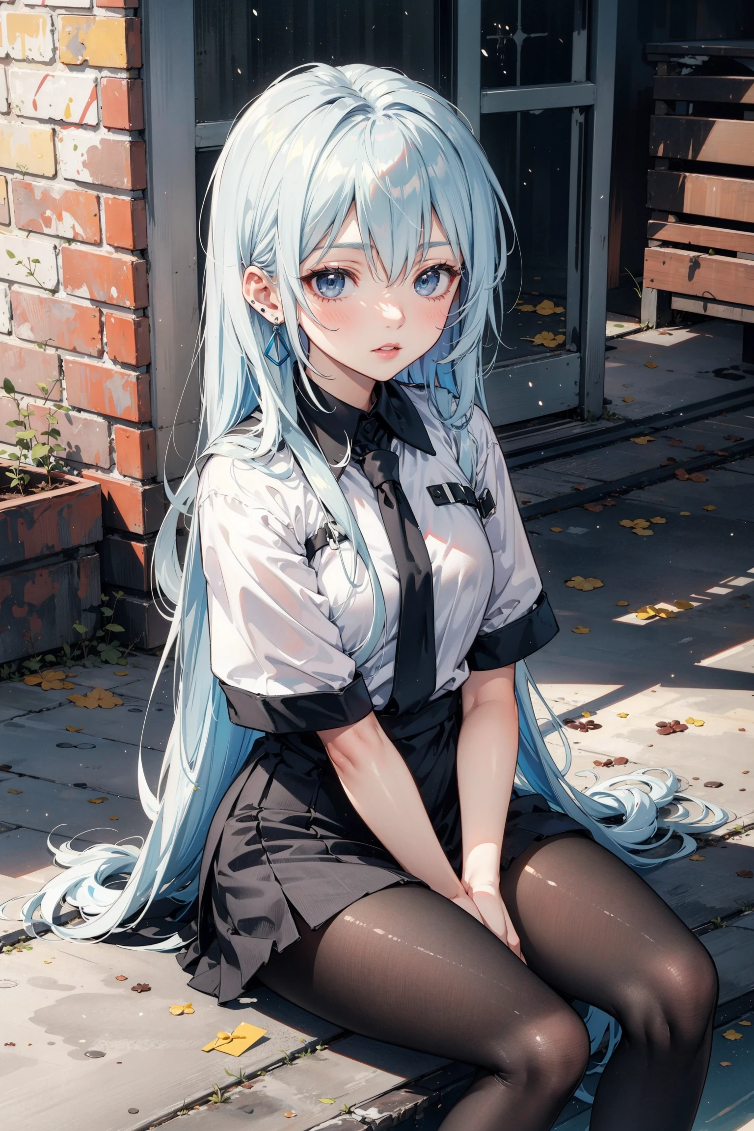 (Masterpiece), best quality, expressive eyes, perfect face, 1 girl, beautiful, gorgeous, anime, girl, lore, ph bronya, 1 girls, solo, earrings, long hair, gray hair, drill hair, gray eyes, pantyhose, w sitting, w sitting on the ground, legs on the ground, hands between thighs, arms between legs, arms between legs, hands between legs, hands between legs