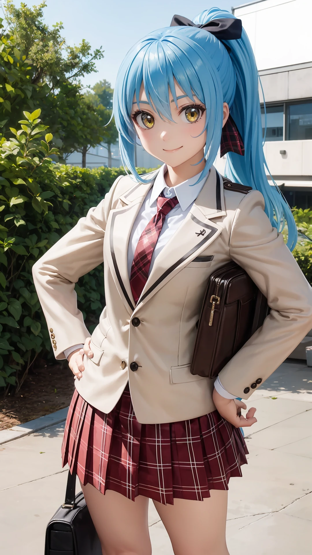 (masterpiece, best quality),ray tracing,absurdres, HDR, rimuru tempest, campus, 1girl, breasts, skirt, blue hair, long hair, plaid skirt, necktie, school uniform, solo, bag, yellow eyes, jacket, plaid, smile, hand on hip, shirt, hair between eyes, pleated skirt, collared shirt, holding bag, red necktie, white shirt, red skirt, miniskirt, bangs, wing collar, closed mouth, standing, school bag, ponytail, cowboy shot, long sleeves, shiny hair, holding, shiny, high ponytail, black ribbon, ribbon, hair bow, blazer, bow, looking at viewer, <lora:rimuru campus:0.7>