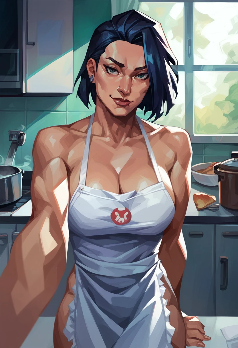 score_8_up, score_7_up, pov selfie, portrait of beautiful milf in white apron, seductive smile, bare shoulders, short black hair, kitchen, window, steam,  <lora:sxz-valorant-smol-v2-pdxl:0.8> valorant style