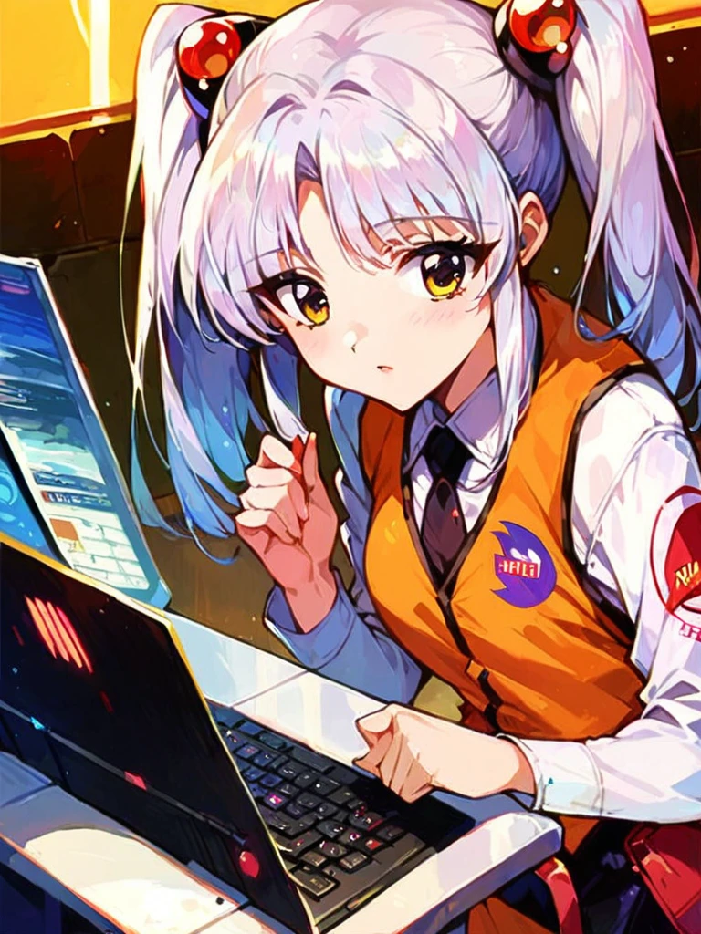 score_9, score_8_up, score_7_up, score_6_up, source_anime, Masterpiece, best quality, intricate details, ultra detailed, inside space ship, looking at massive screen, typing on a keyboard,
1girl, young, solo, small breast, ruri_hoshino, (rurihAA), black mini skirt, orange vest,