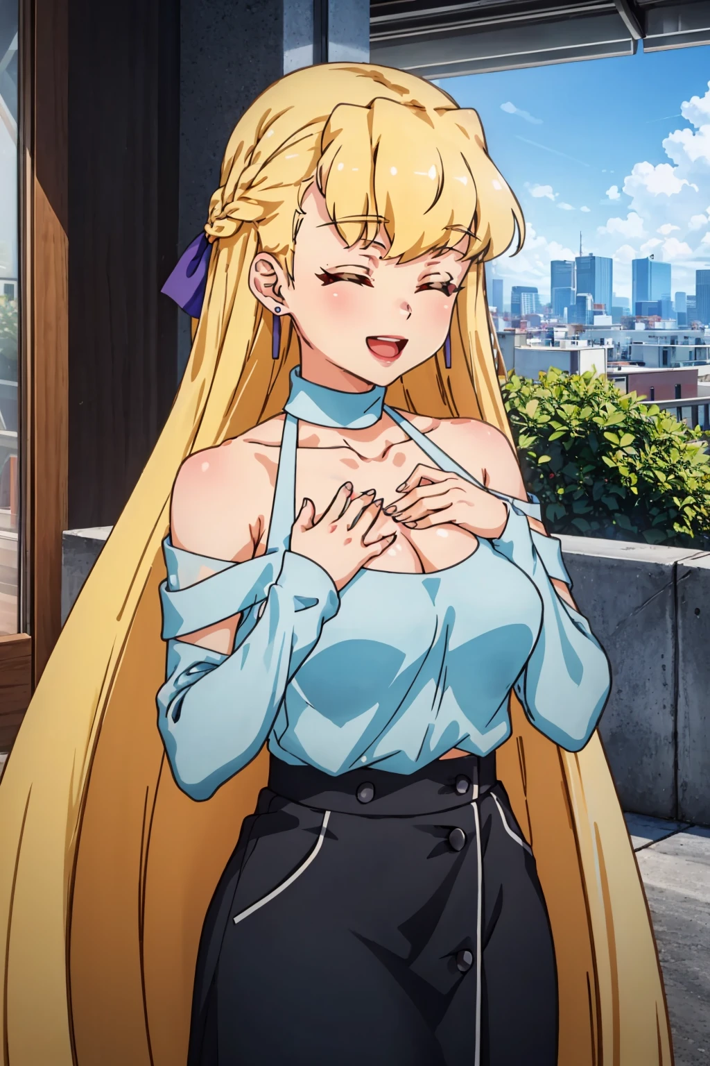masterpiece, best quality, 1girl, <lora:theresagriebel-nvwls-v1-000009:0.9> theresa griebel, braid, very long hair, hair ribbon, earrings, halterneck, blue shirt, cleavage, shoulder cutouts, long sleeves, bare shoulder, black skirt, large breasts, closed eyes, :D, looking at viewer, hand to own chest, blue sky, city