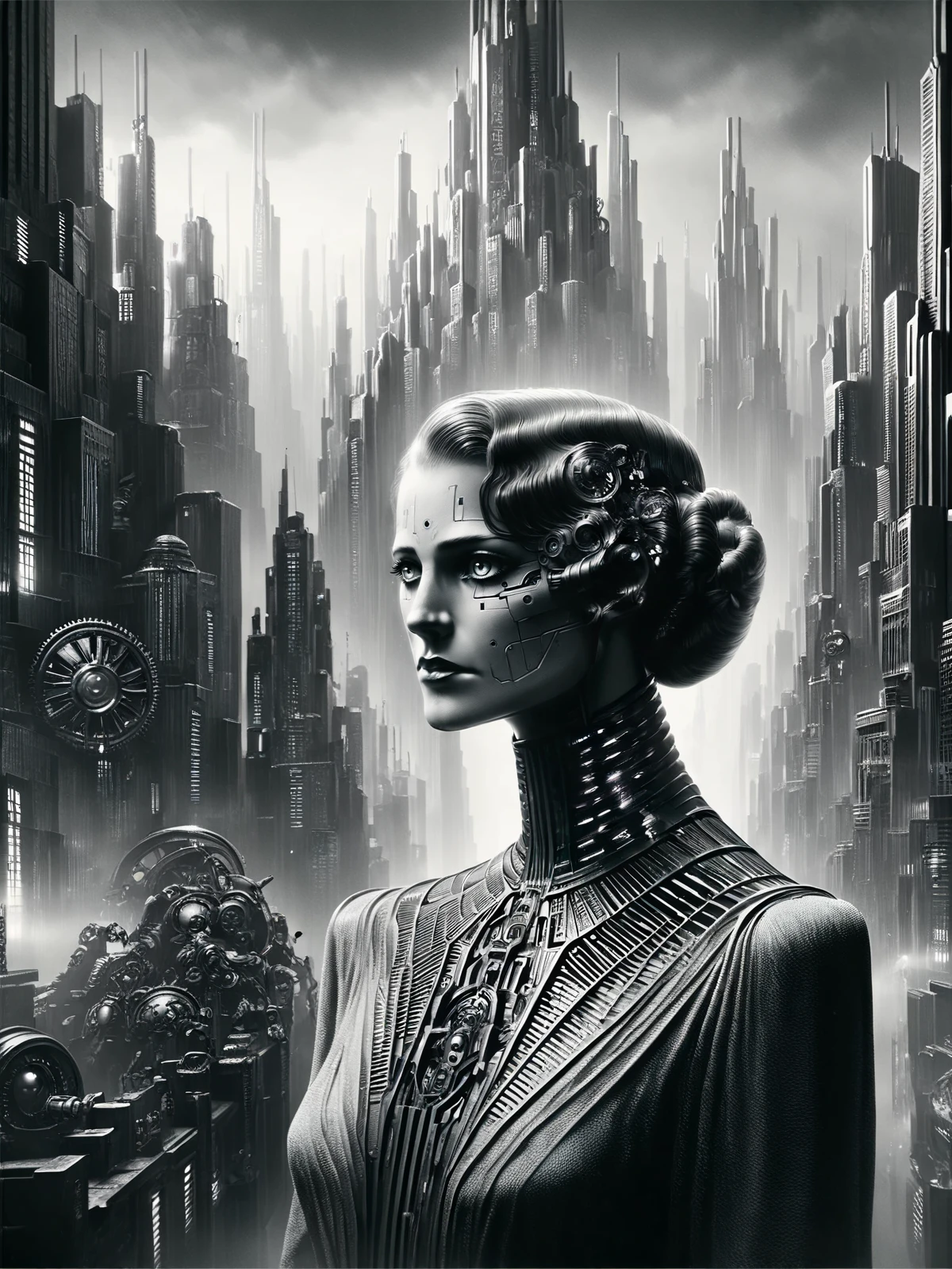 score_9, score_8_up, score_7_up, woman, futuristic, stylized, art deco, expressionist, 1920s, black and white <lora:Metropolis__Style_Pony:1>