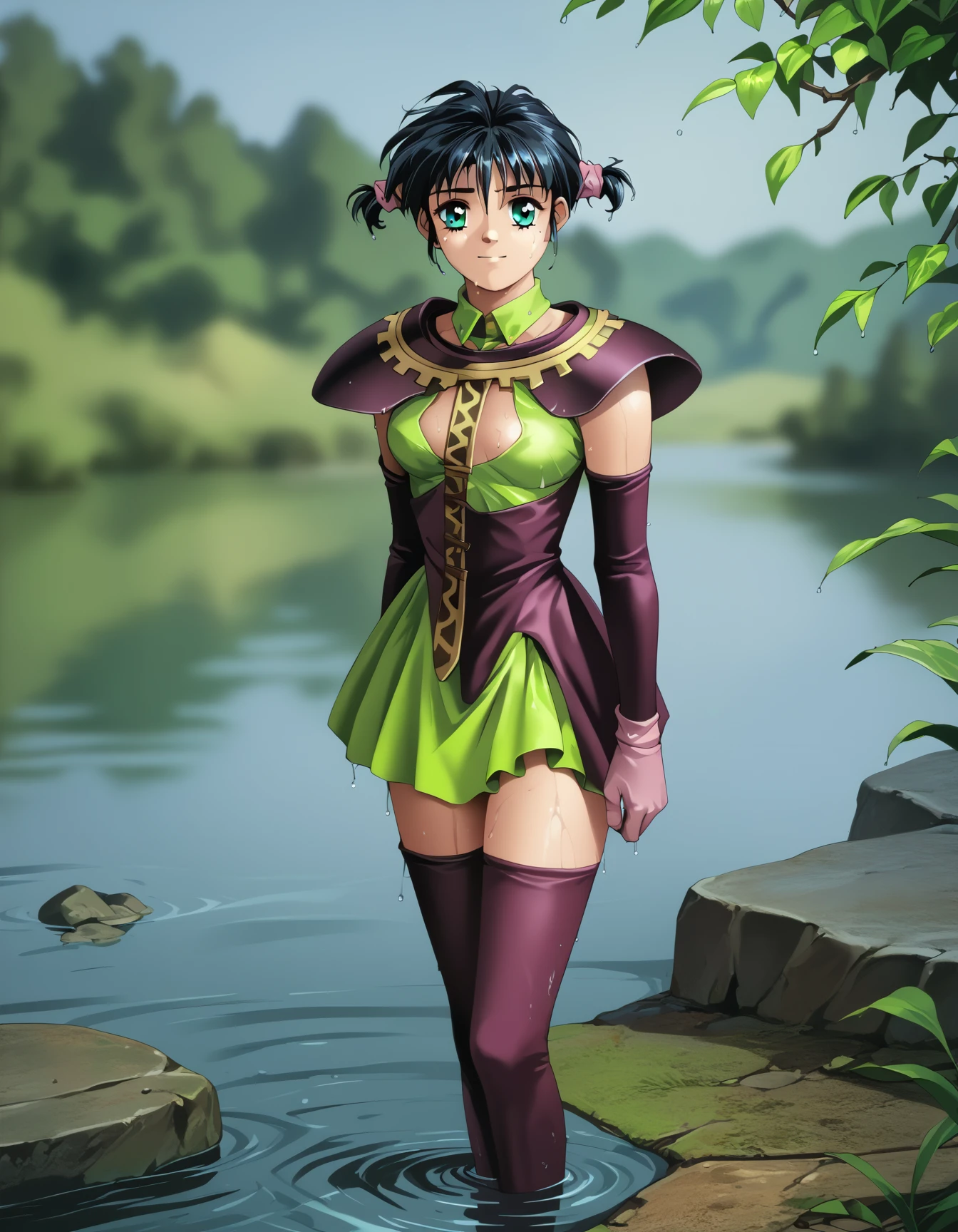 score_9, score_8_up, score_7_up <lora:silvanna-ponyxl:1> silvanna, green dress, (shoulder armor:0.4), (purple armor:0.4), purple thighhighs,
1girl, standing, light smile, lake, water, wet