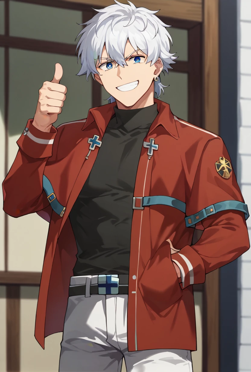 score_9, score_8_up, score_7_up, ronaldoVDNT, 1boy, solo, white hair, blue eyes, earring, smile, red jacket, black shirt, white pants, belt, smile, thumbs up, looking at viewer,towa herschel