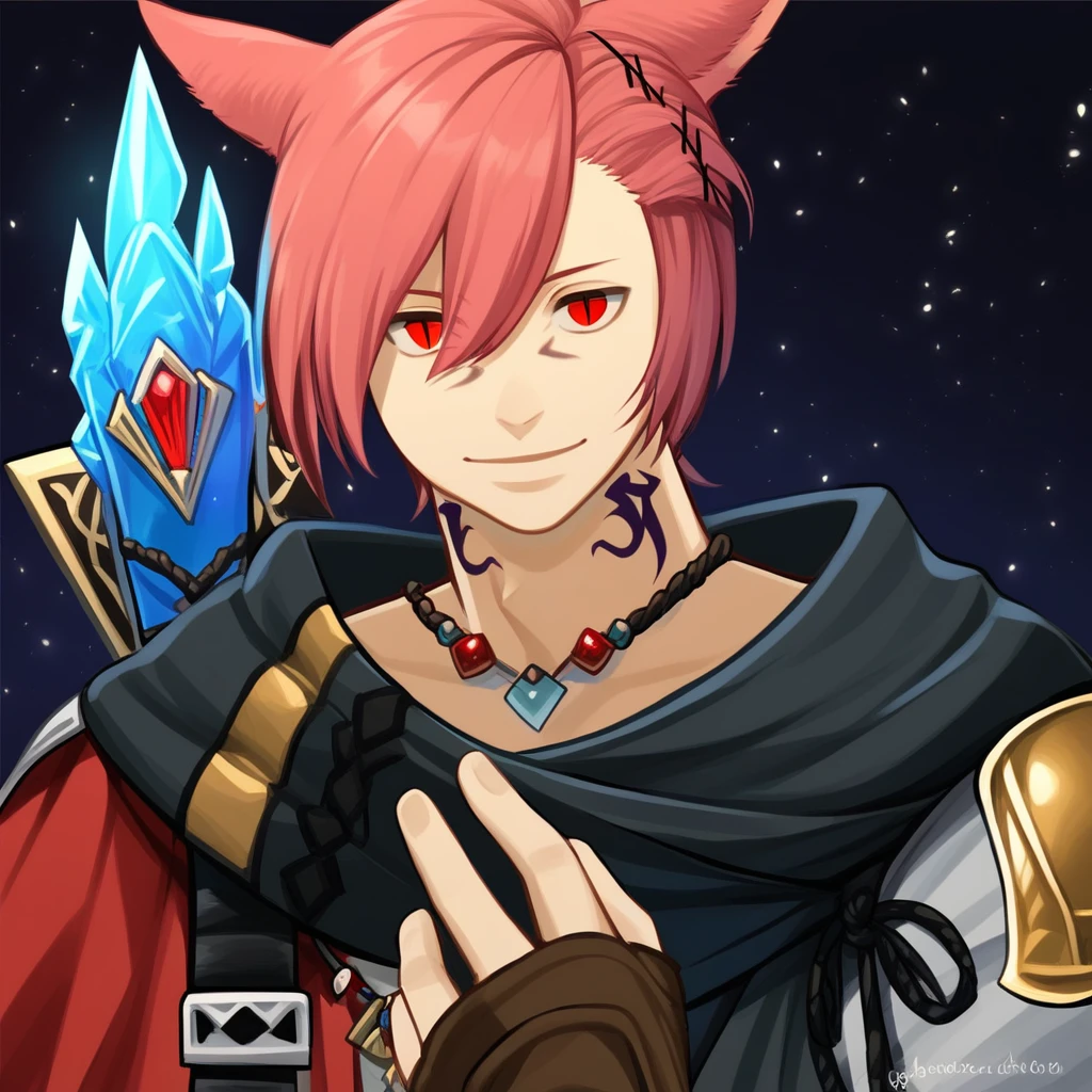 grahatiaffxivdsk, solo, miqo'te, animal ears, 1boy, male focus, staff, jewelry, holding staff, cat ears, red eyes, crystal, holding, tattoo, facial mark, neck tattoo, necklace, short hair, upper body, looking at viewer, cat boy, red hair, smile, bangs, pendant, gloves, slit pupils, fingerless gloves, hair between eyes, pink hair, flower