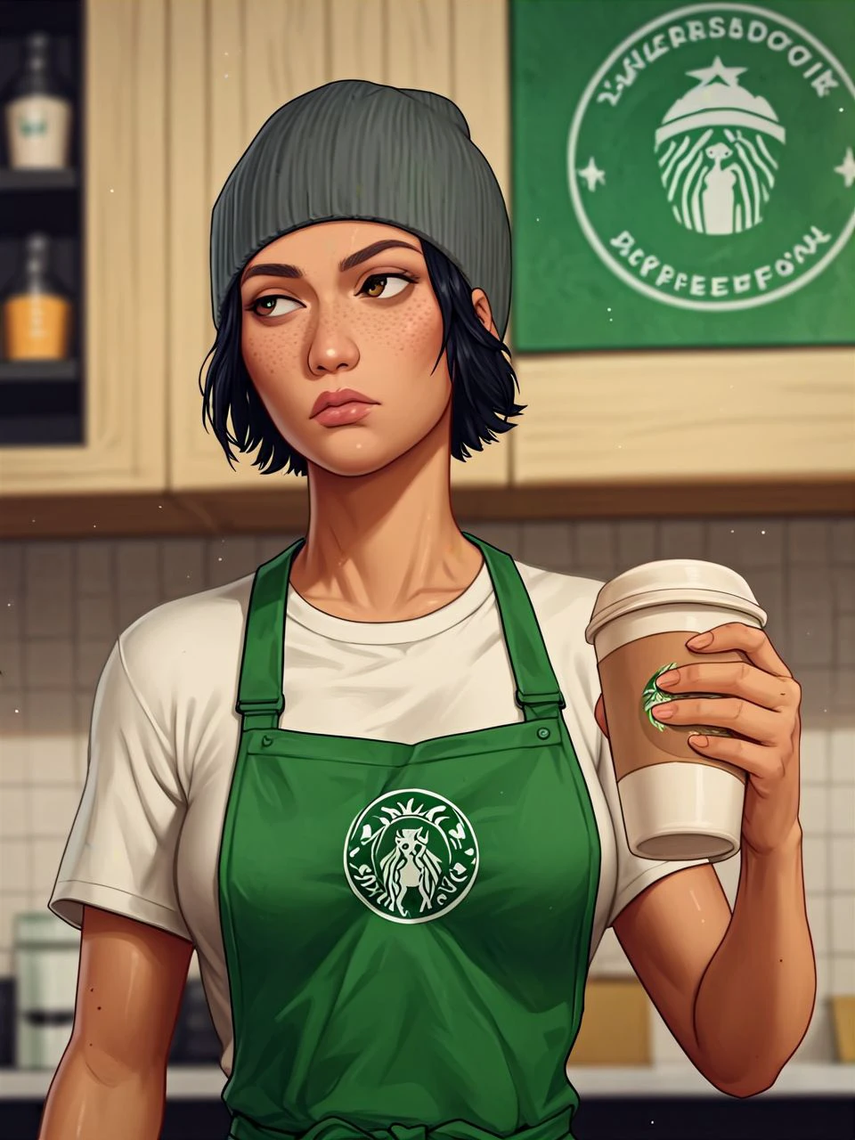 score_9, score_8_up, score_7_up, score_6_up, 1girl,  <lora:vickDR_PDXL:1> vickDR, tan skin, freckles, black hair, brown eyes, beanie, starbucks barista, grey t-shirt, holding cup, expressionless