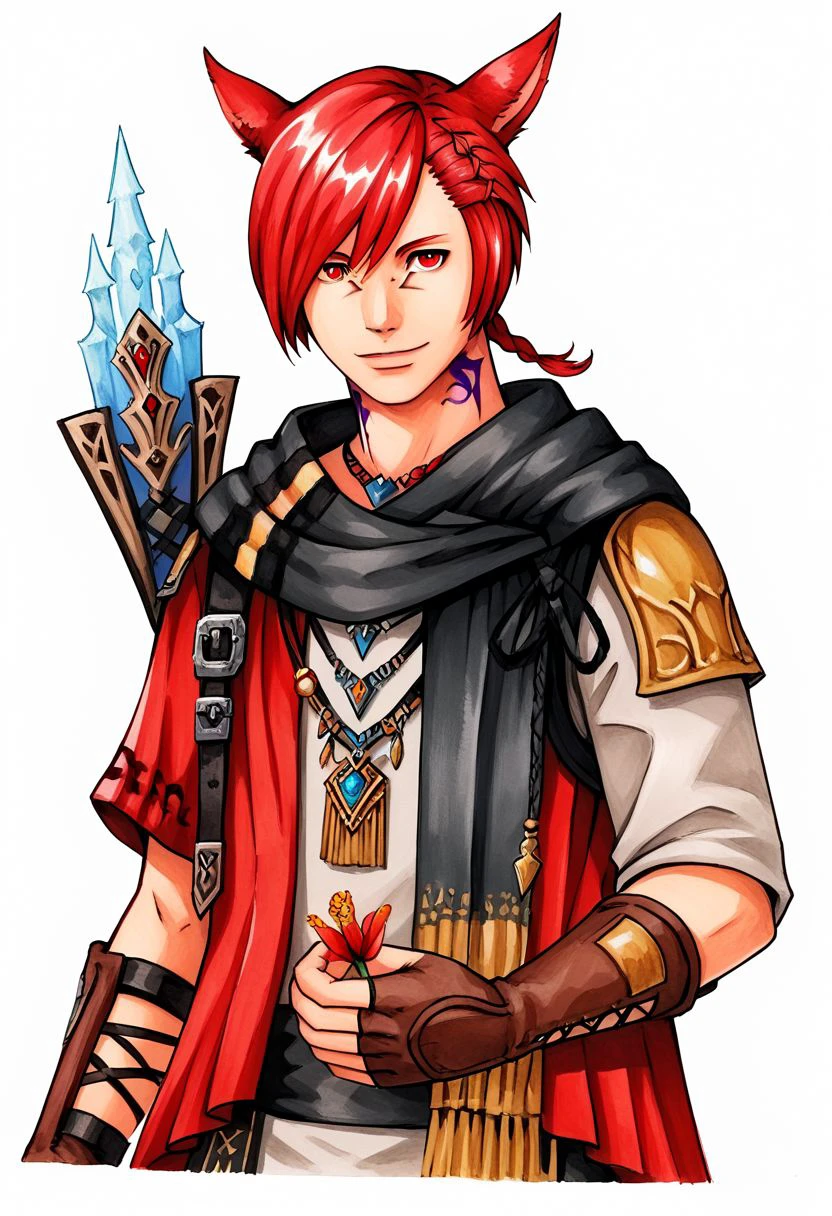 grahatiaffxivdsk, red hair, animal ears, solo, 1boy, miqo'te, male focus, black scarf, scarf, fingerless gloves, gloves, red eyes, tattoo, cat ears, jewelry, neck tattoo, short hair, upper body, swept bangs, smile, holding, facial mark, pendant, traditional media, braid, brown gloves, weapon, looking at viewer, flower, holding weapon, necklace  PonyXLV6_Scores