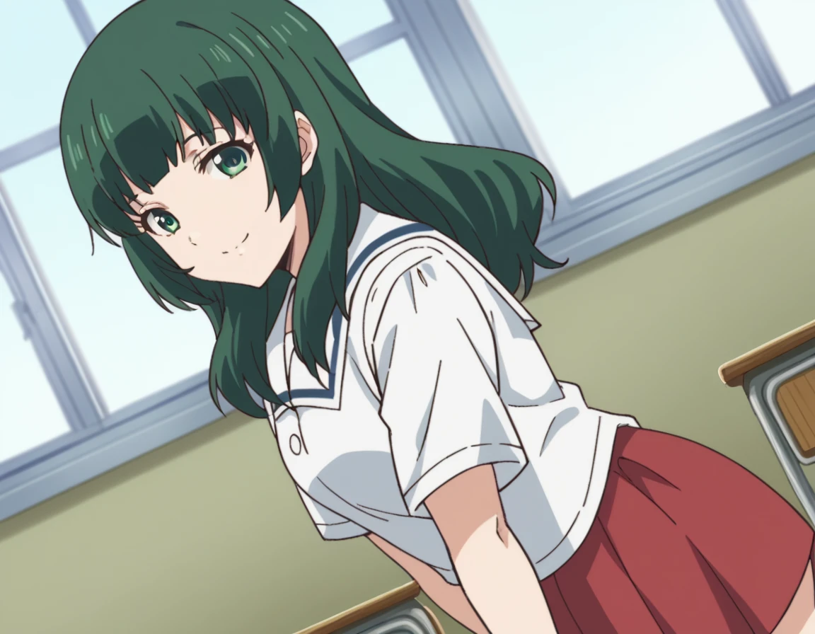 score_9, score_8_up, score_7_up, source_anime,
miuashihara, <lora:miu-ashihara-s1-ponyxl-lora-nochekaiser:1>,
miu ashihara, long hair, bangs, green eyes, green hair,
shirt, school uniform, white shirt, short sleeves, serafuku, sailor collar, skirt, red skirt,
indoors, classroom, bent over, smile,
looking at viewer, cowboy shot, dutch angle, solo,