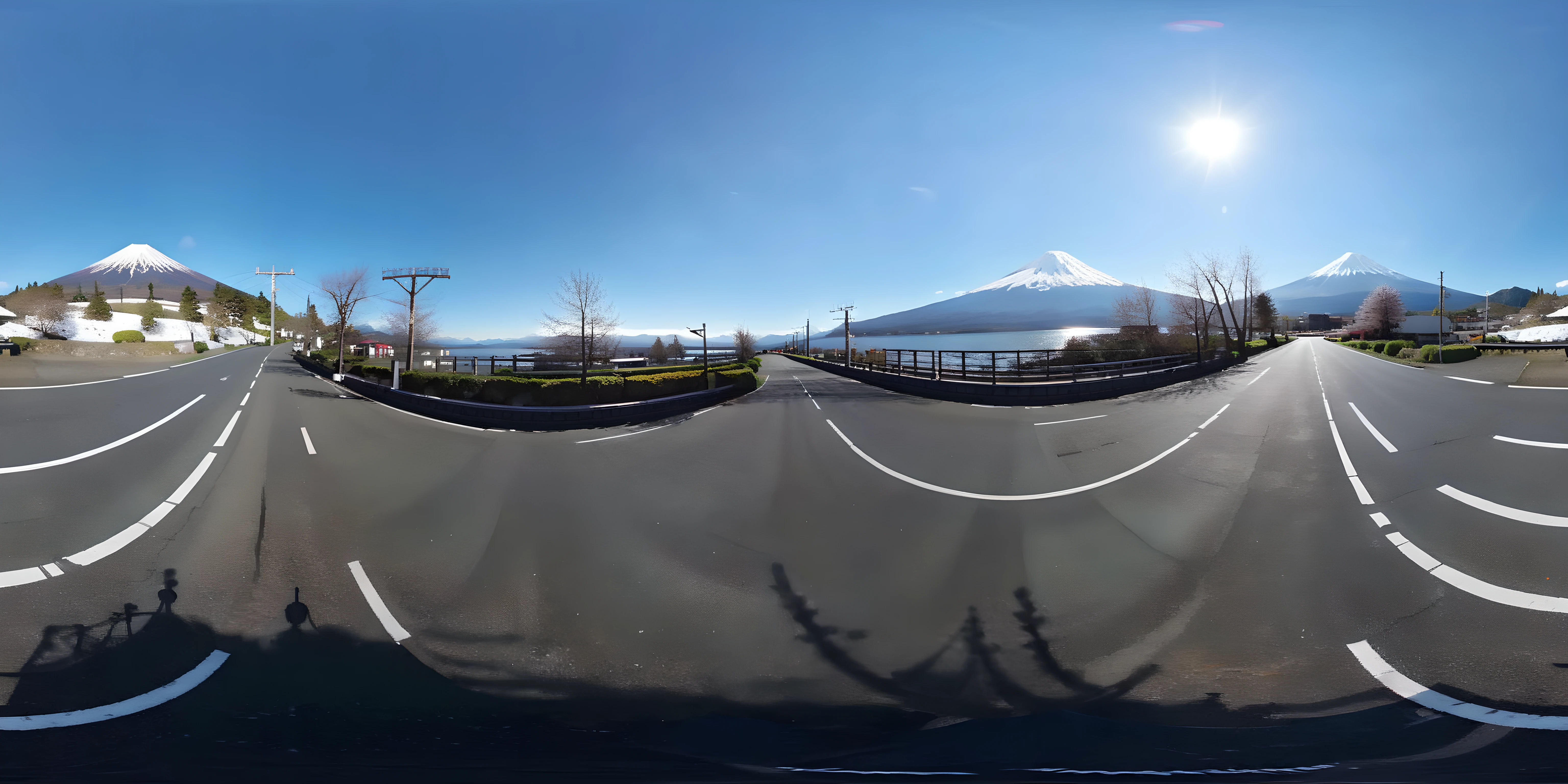 1 mountain ,(solo),Create a realistic, panoramic image for VR360 viewing. The scene depicts a tranquil and picturesque landscape with the majestic, snow-capped Mount Fuji in the background, occupying a significant portion of the image. In the foreground, a straight, open road stretches out, offering a clear view towards the mountain. Surrounding the road are a few low-rise buildings, set in a serene environment. The setting is calm and visually stunning, perfect for immersive VR viewing. <lora:sanbaro:0.85>