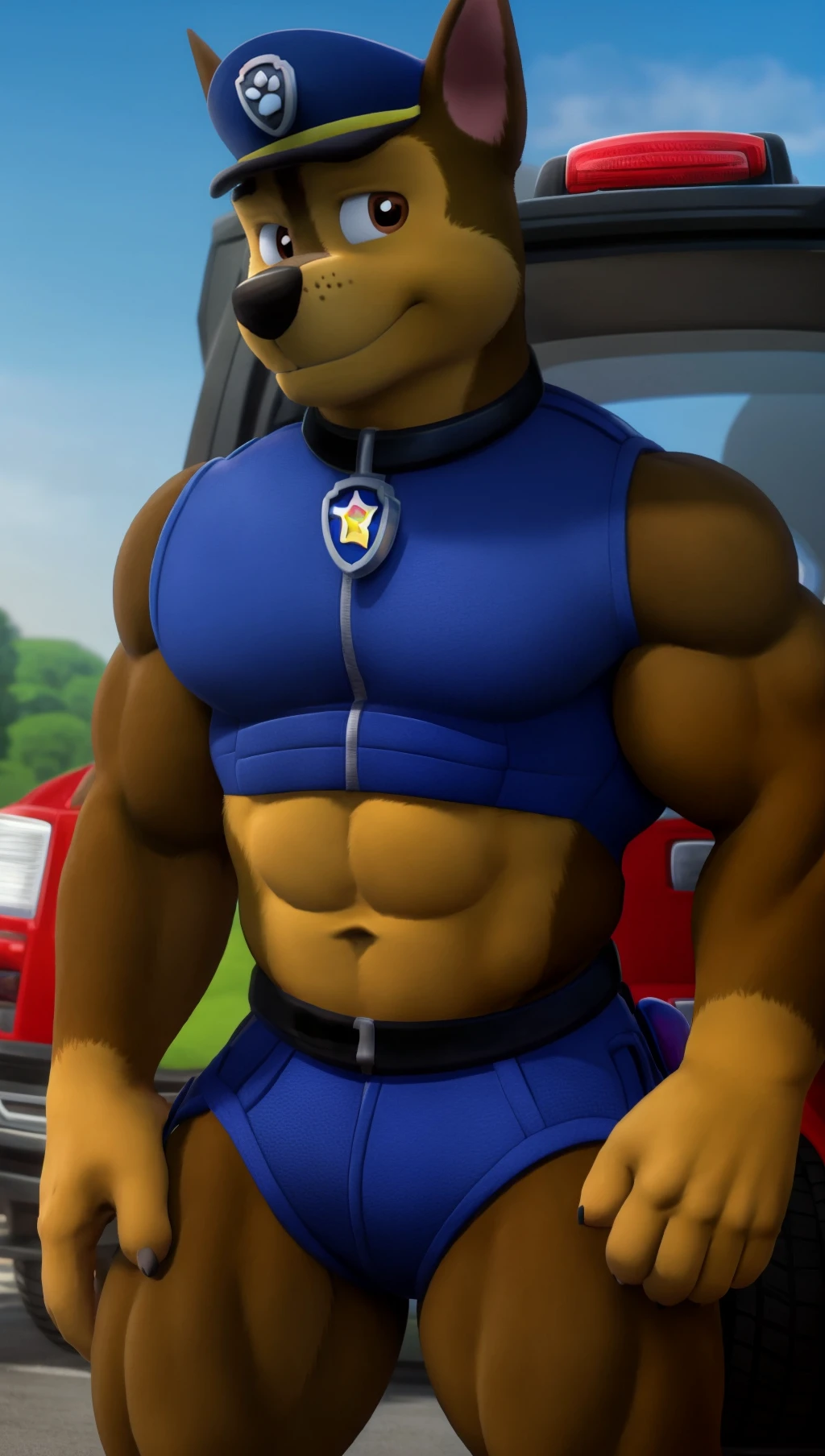 top-down view,  <lora:5526FC5B13:1> , giant, alpha male, perfect body, big, sexy, male German shepherd, police hat, police shirt, bottomless, dog tag, big shoulders, big arms, big perfect body, chase (paw patrol),  smile, brown eyes,  looking at viewer, laying ontop of a car, hyper muscular,  (veiny muscles: 2.9),muscular thighs,  humid, dramatic lighting, ultra-detailed, photo realism, Cinestill, detailed eye, looking at the viewer, body builder,  athletic body, VFX, Cinematic Pose, Sharp Focus, Intricate Details, Masterpiece, Best Quality, High Resolution, 4k. (posing:1.3), (soft shading), 4k, hi res, five fingers, detailed hands, ((detailed face, (detailed eyes, brown), detailed)), by zackarry911, by zaush, (by personalami:0.5),