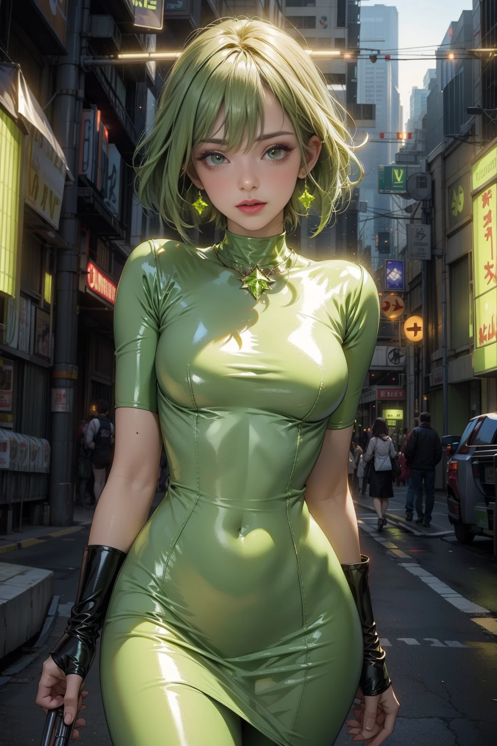 <lora:PeridotWorld:1> (PeridotWorld:0.9), 1woman sexy skinny in latex dress walking in a cyber city with ghosts